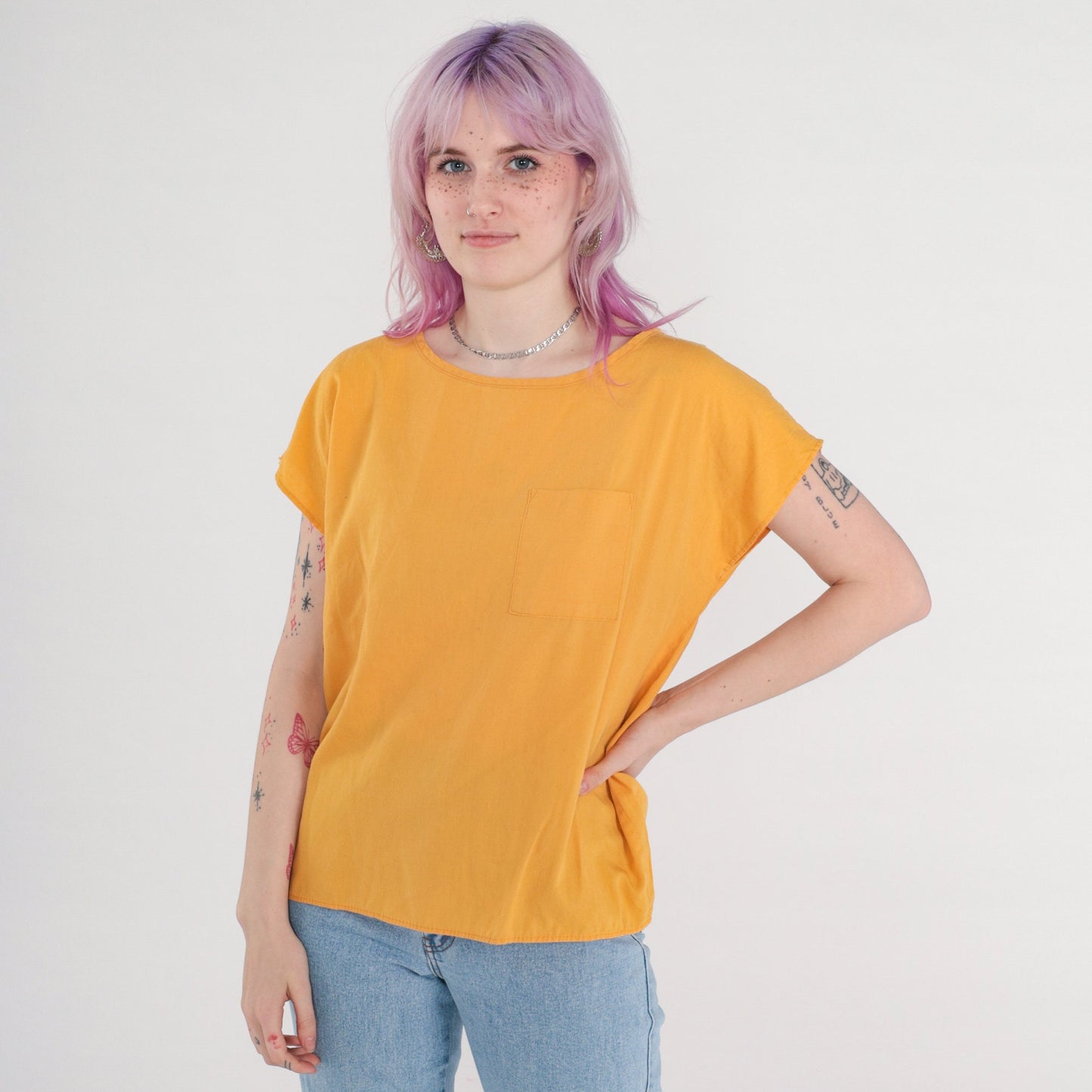 90s Mustard Yellow Cap Sleeve Blouse Pocket Top Medium