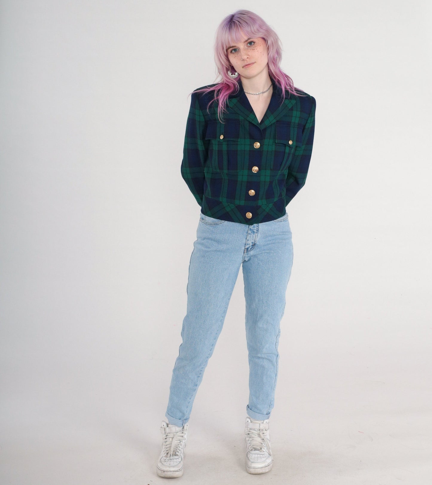 90s Talbots Plaid Wool Blazer Cropped Blue Green Tartan Small 6