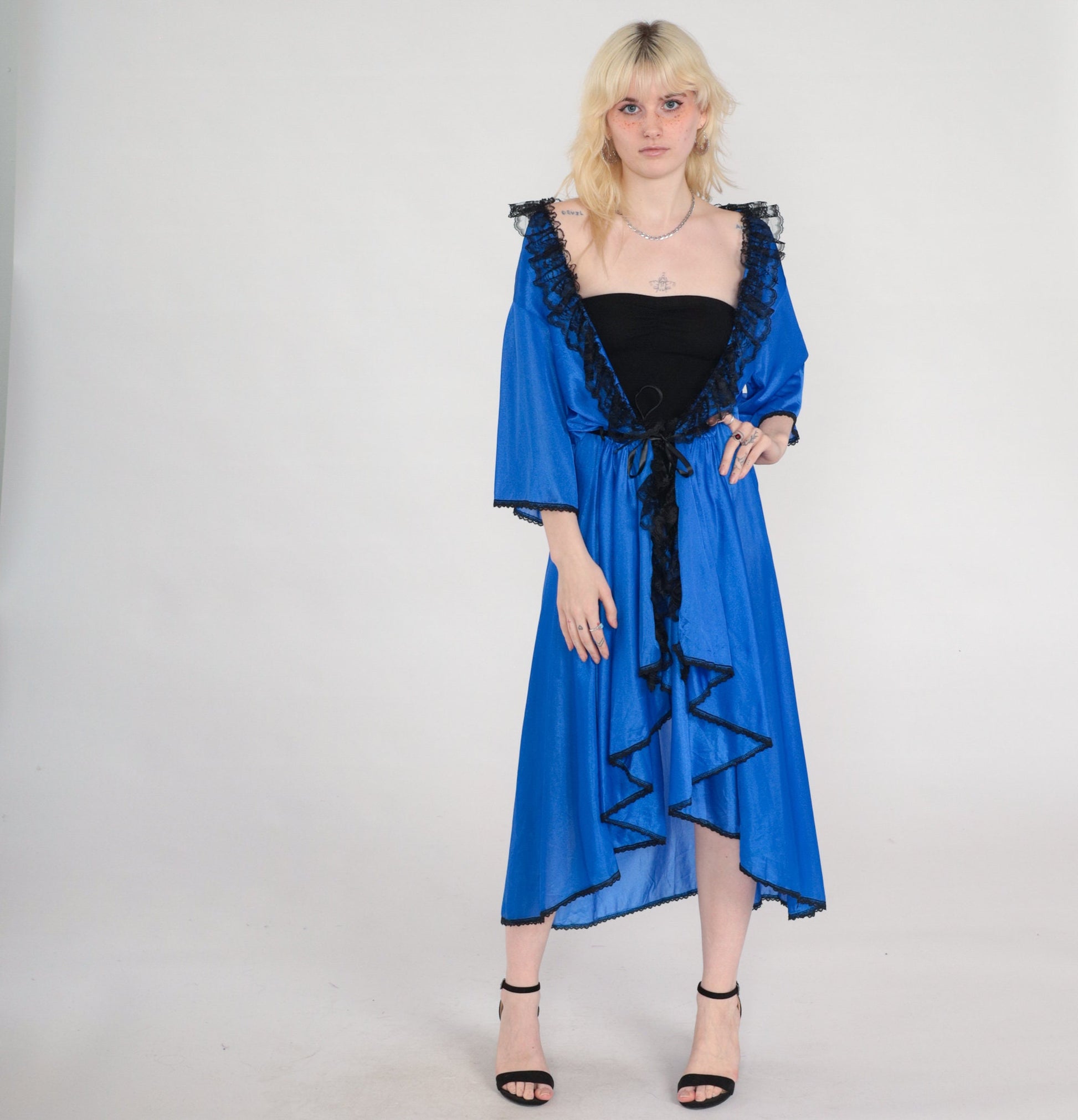 80s Frederick's of Hollywood Blue Lace Lingerie Robe High Low Hem Medium