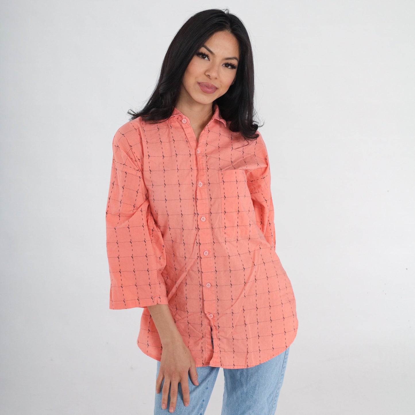 90s Peach Pink Checkered Cotton Button-Up Shirt 3/4 Sleeve Medium