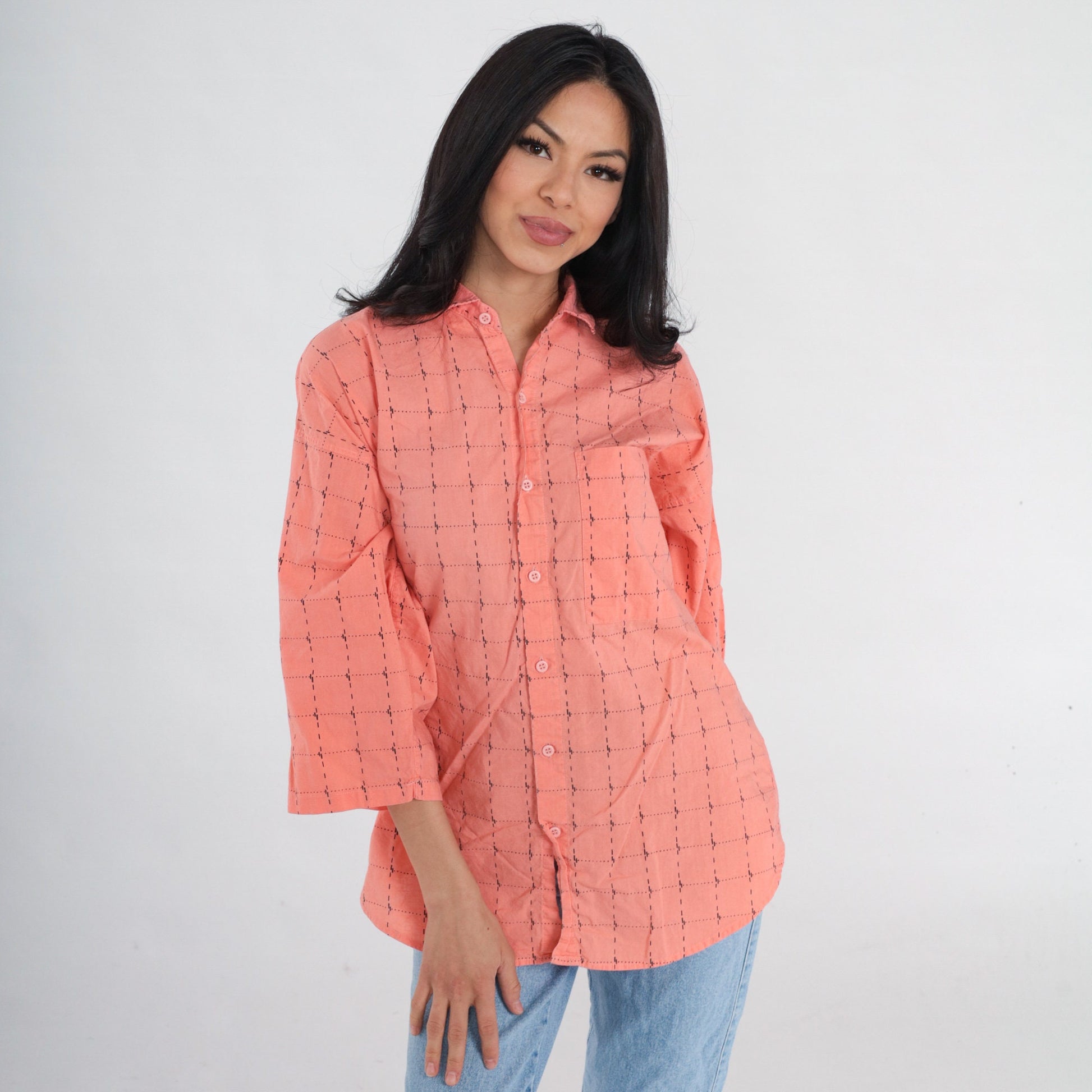 90s Peach Pink Checkered Cotton Button-Up Shirt 3/4 Sleeve Medium