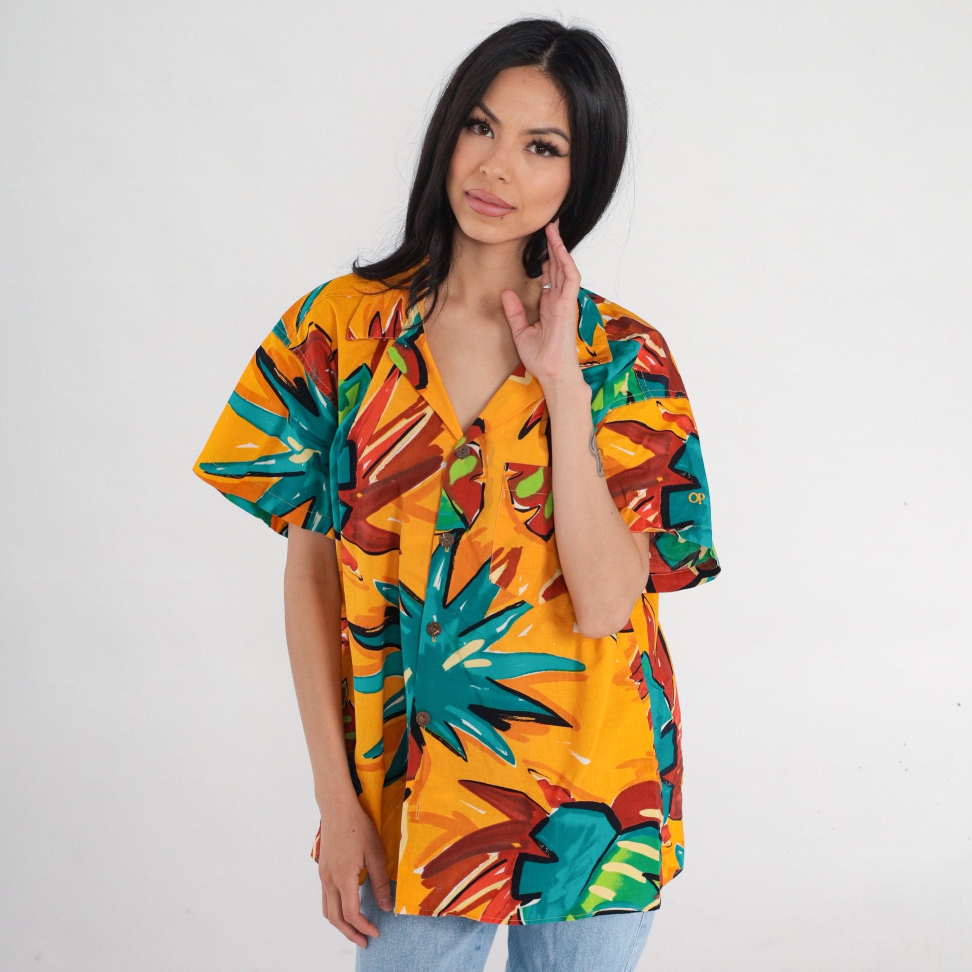 90s Yellow Tropical Leaf Print Button-Up Shirt Men's Extra Large