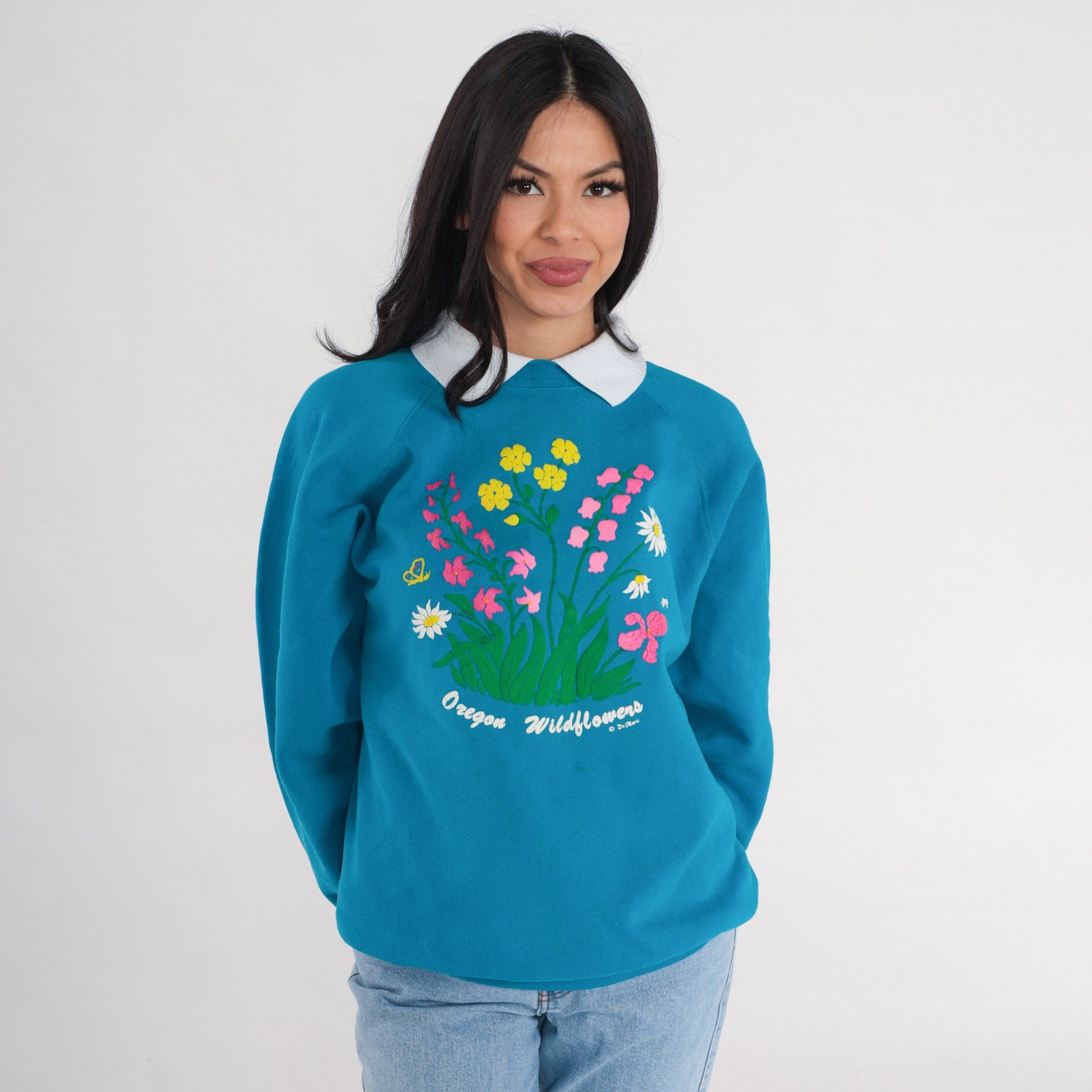 90s Oregon Wildflowers Blue Puffy Paint Floral Sweatshirt Collared Raglan Extra Large