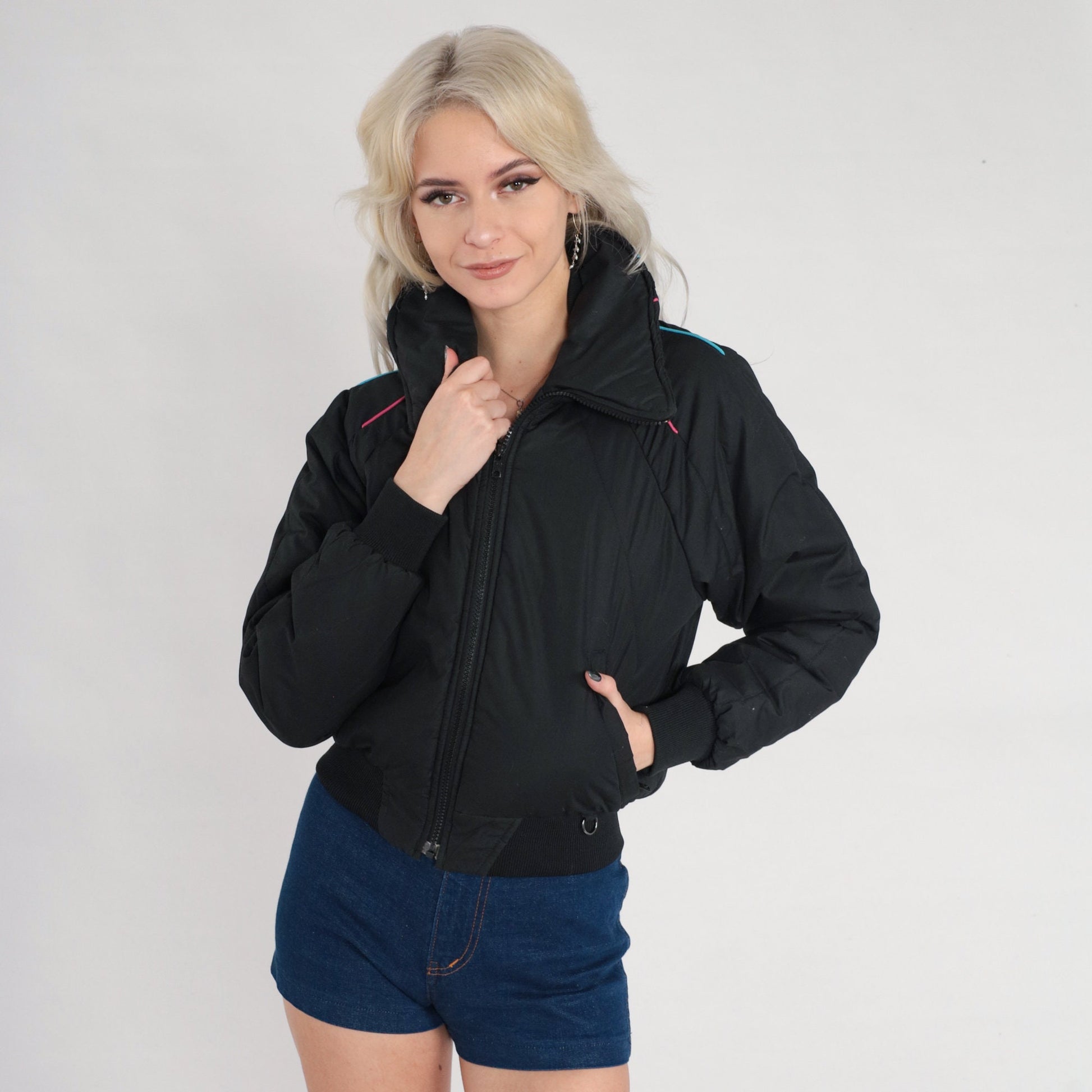 70s Black Puffer Ski Jacket Pink Blue Piping Zip Bomber Extra Small