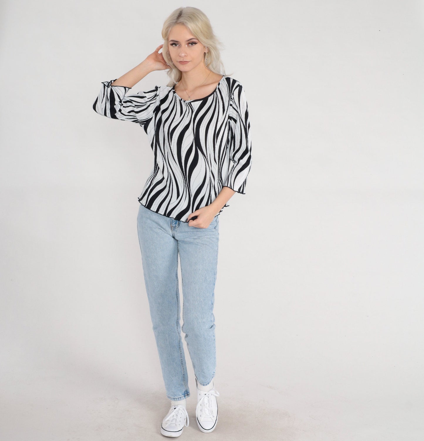 00s Black and White Abstract Pleated Blouse Zebra Print 3/4 Sleeve Medium Large