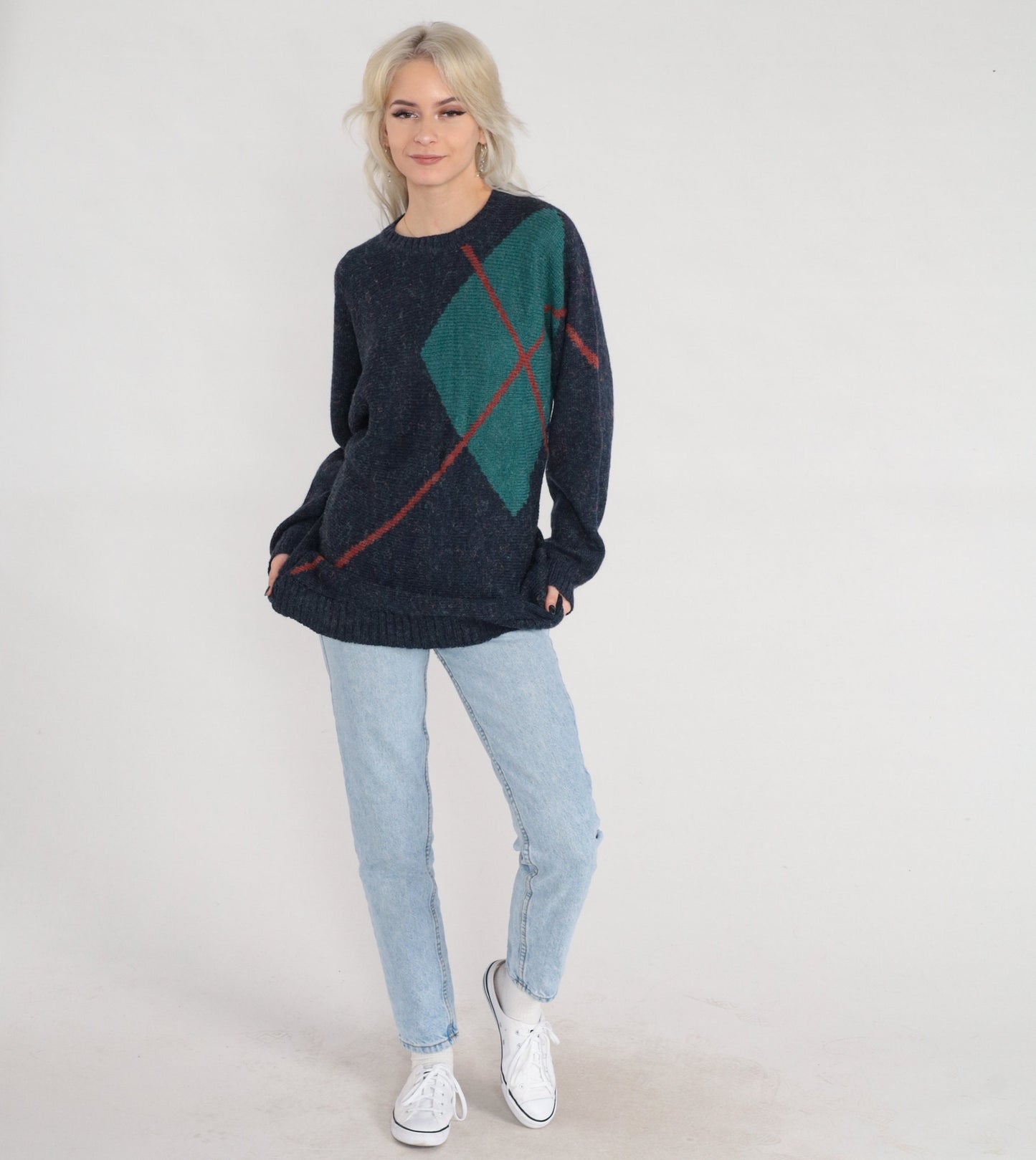 80s Navy Argyle Diamond Knit Crewneck Pullover Sweater Small S