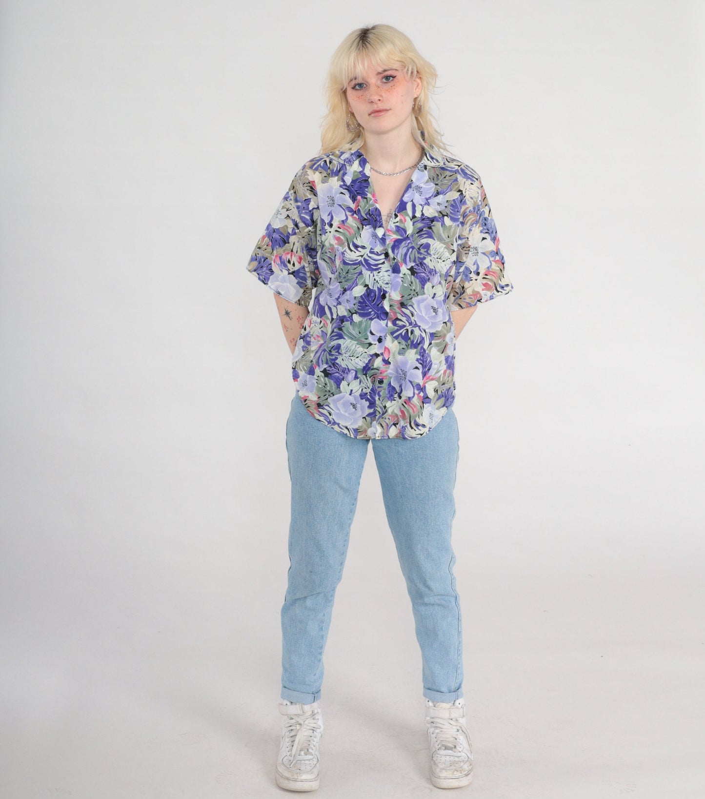 80s Floral Button Up Blouse Purple Green Short Sleeve Tropical Print Medium