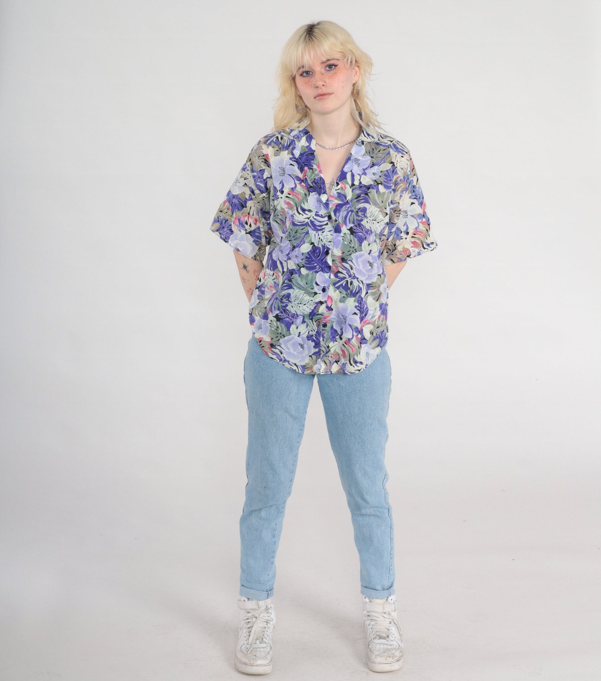 80s Floral Button Up Blouse Purple Green Short Sleeve Tropical Print Medium