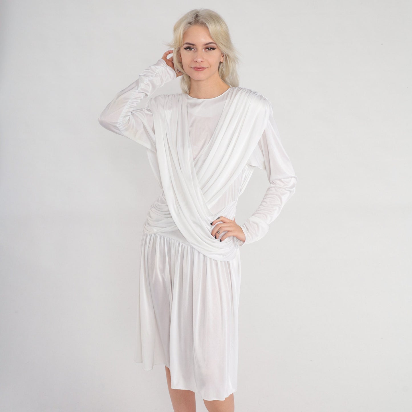 80s White Draped Midi Dress Long Sleeve Grecian Formal Small