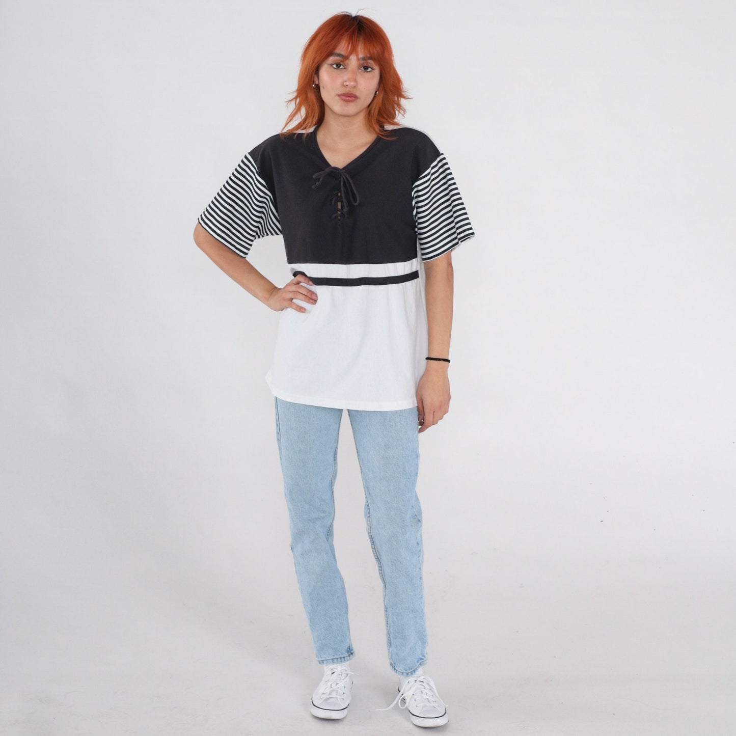 90s Black White Striped T-Shirt Lace-Up Corset Neckline Extra Large
