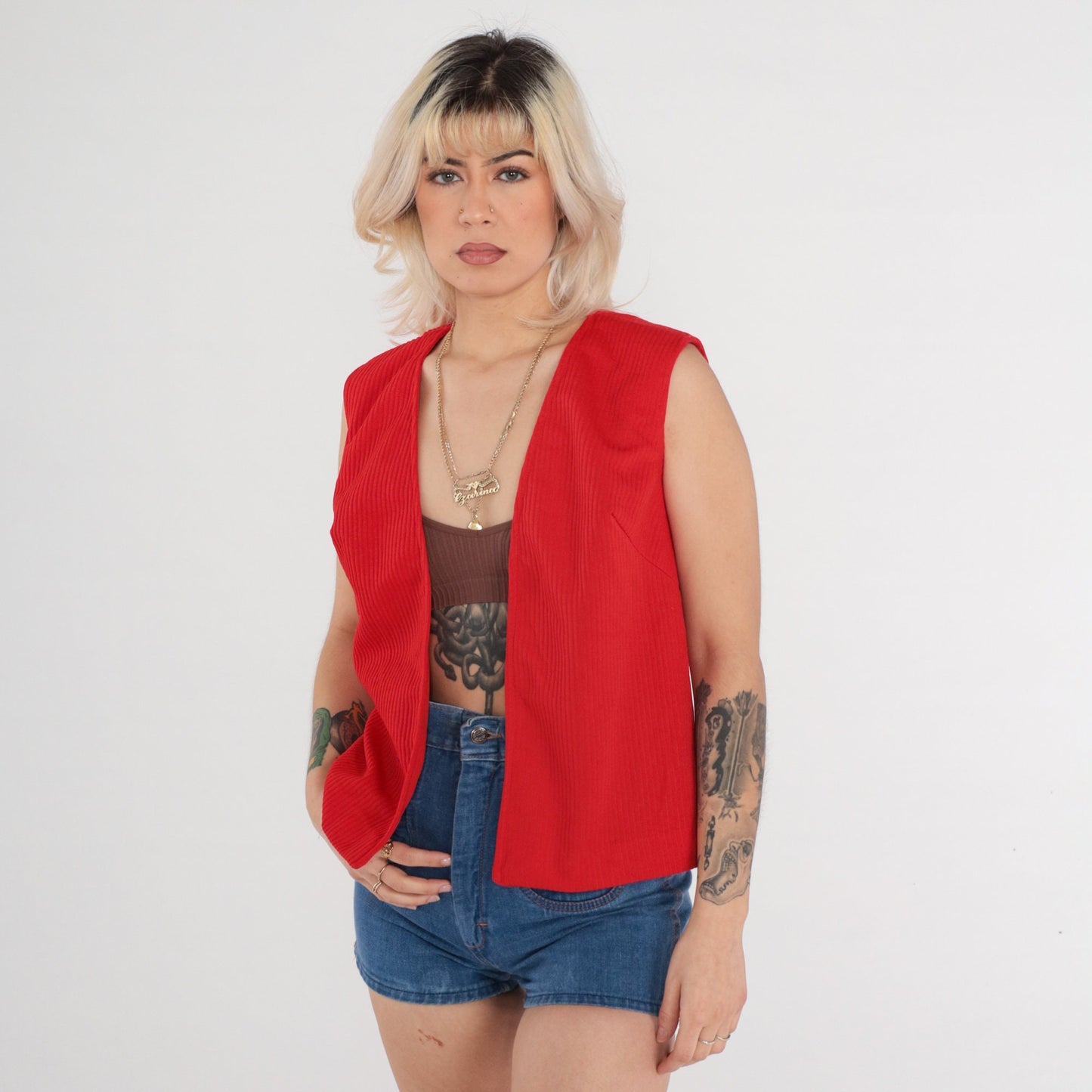 70s Red Sleeveless Vest Open Front Polyester Knit Small
