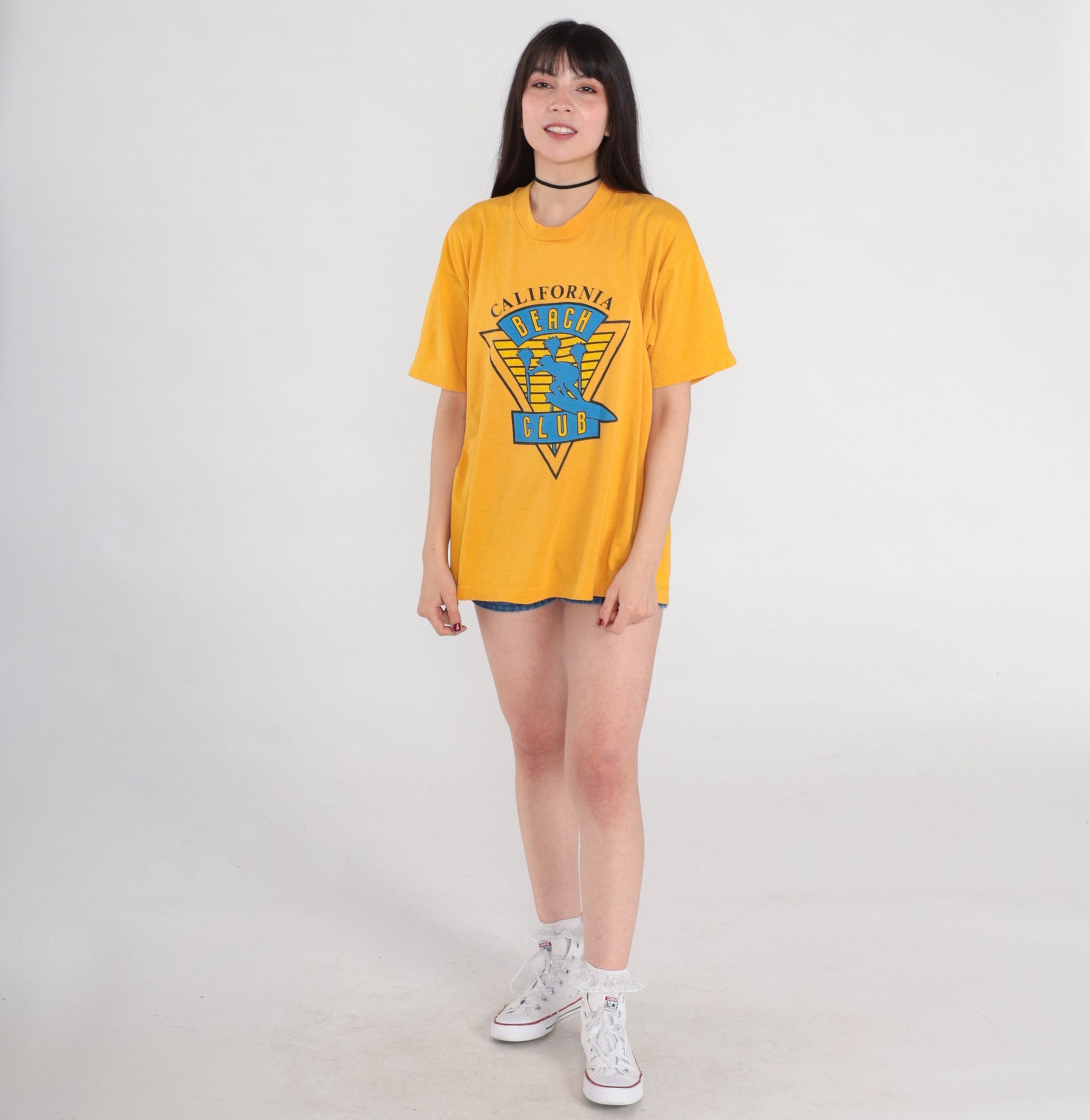 80s California Beach Club Graphic T-Shirt Yellow Single Stitch Large L