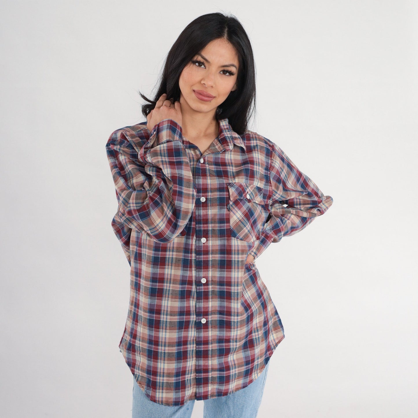 80s Levi's Plaid Button-Up Shirt Long Sleeve Red Blue Tan Large L