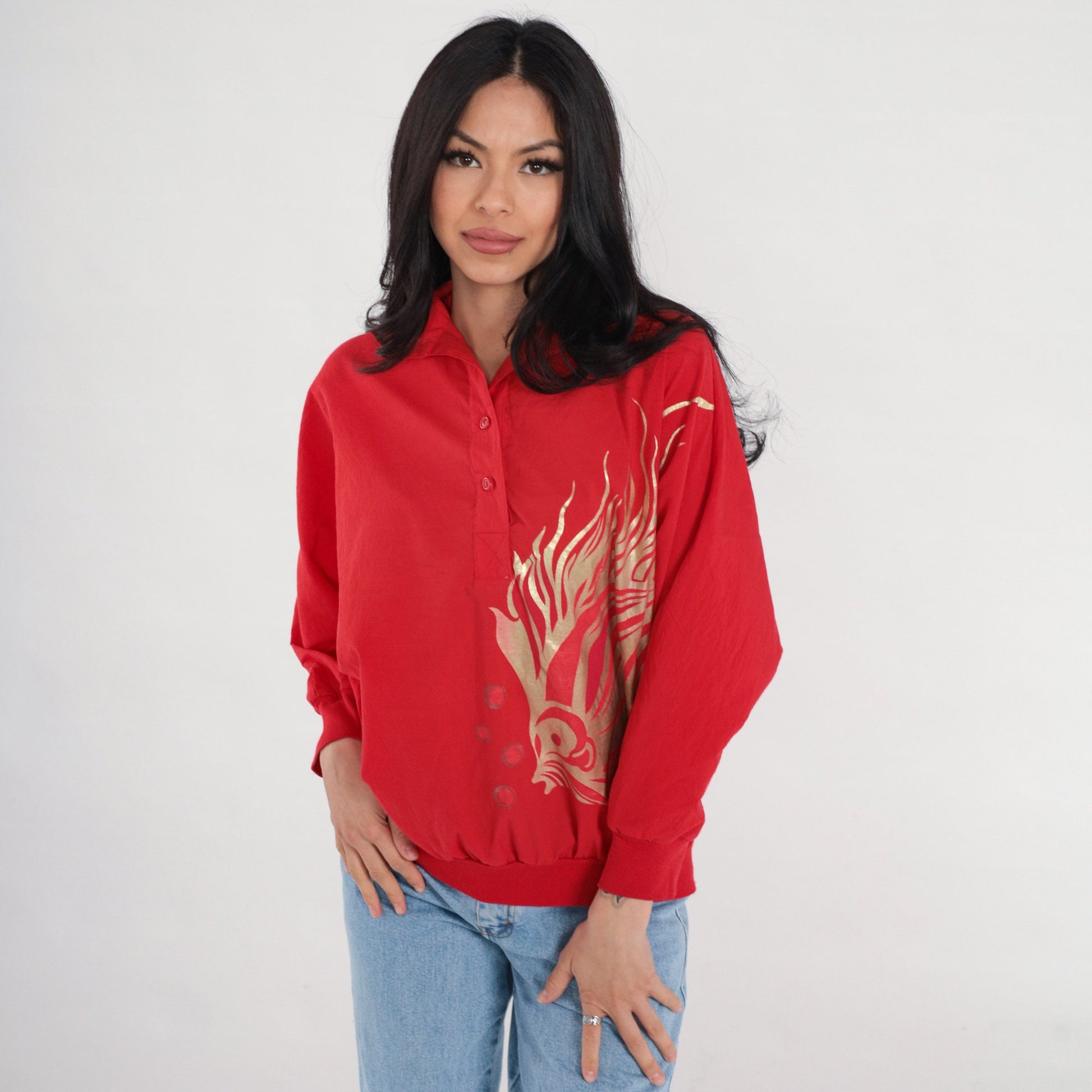 90s Red Fish Metallic Gold Graphic Collared Blouse Long Sleeve Medium M