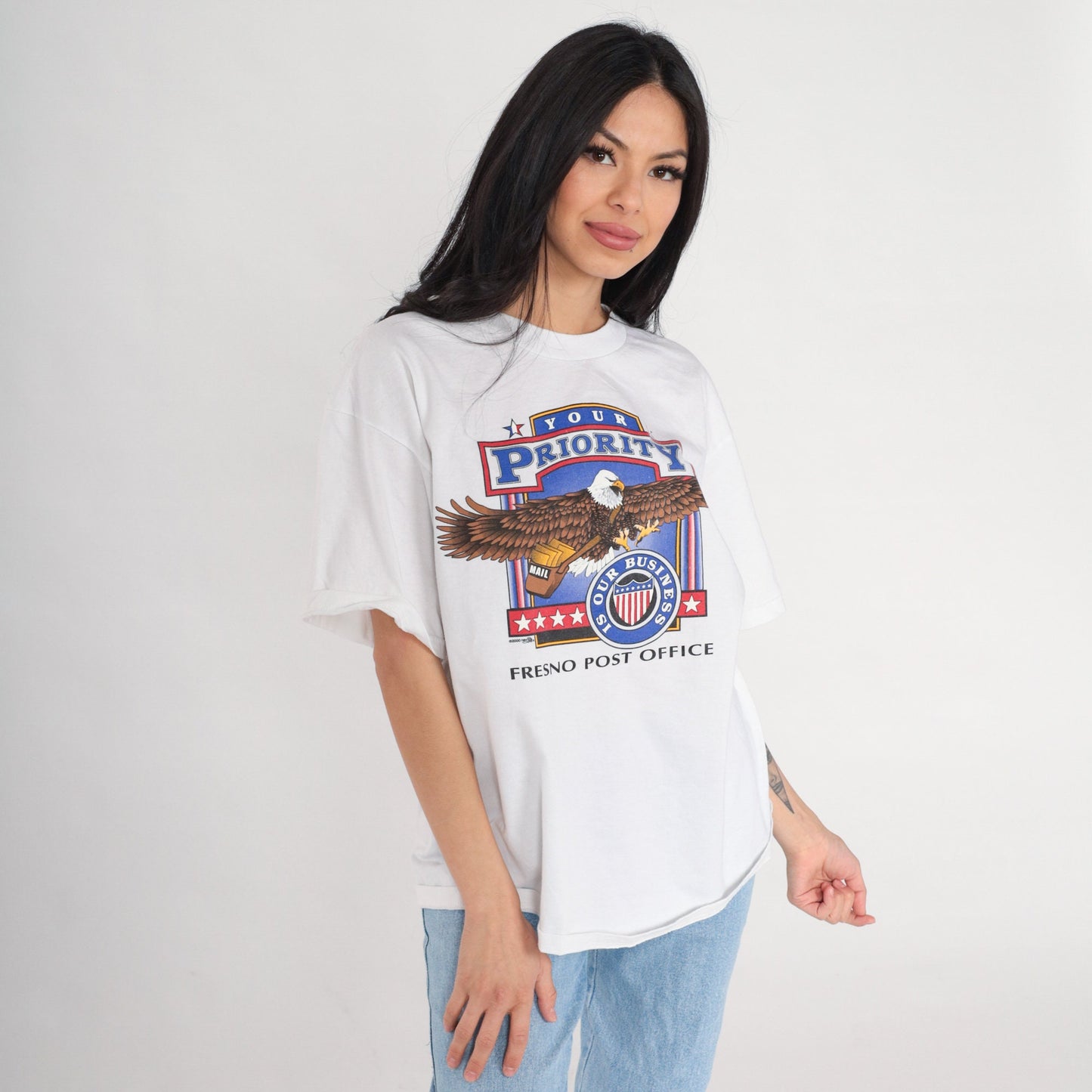 Y2K Fresno Post Office USPS Eagle Graphic Tee White Cotton Large L