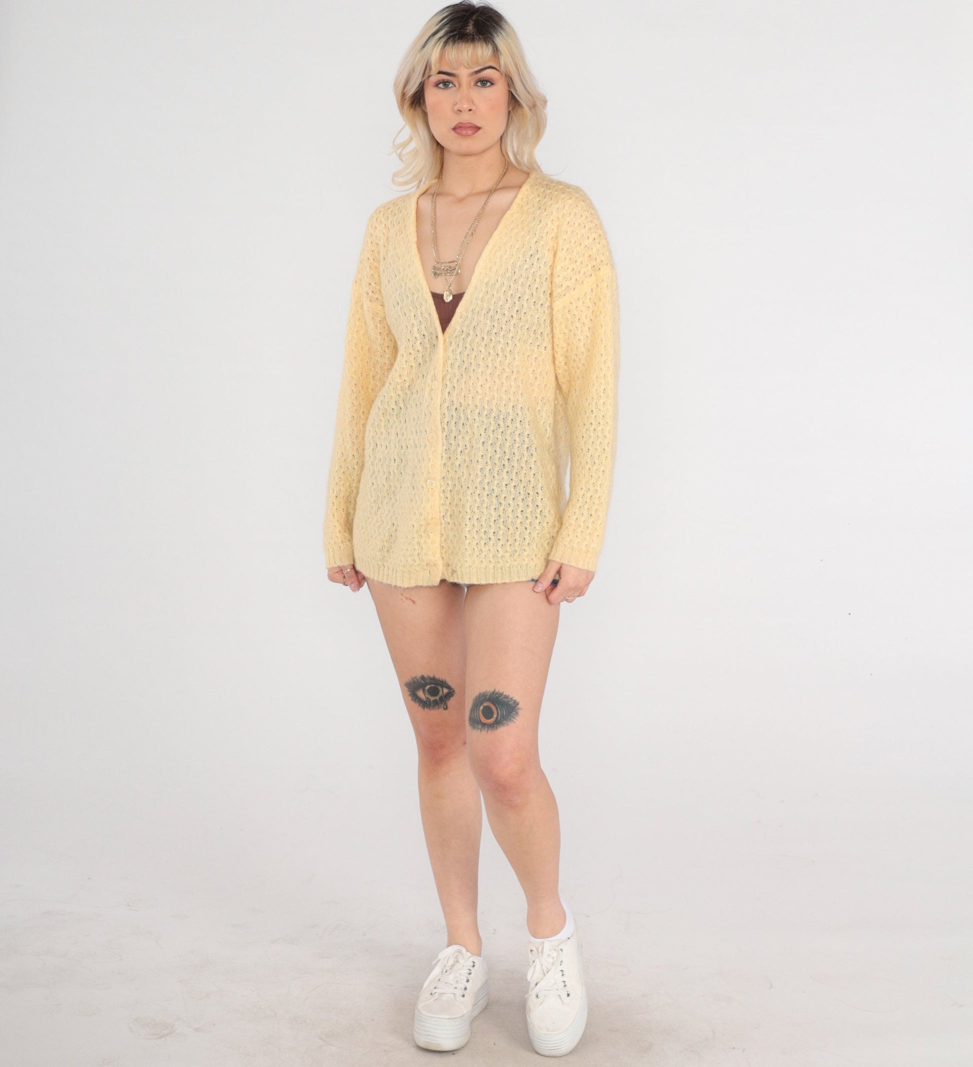 80s Yellow Mohair Cardigan Sweater Open Weave Pointelle Knit Medium