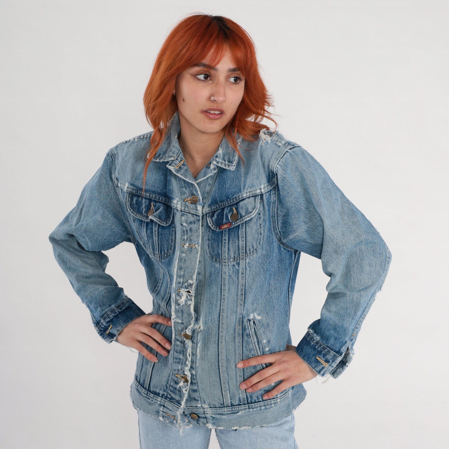 80s Lee Denim Jacket Distressed Ripped Blue Wash Trucker Small S