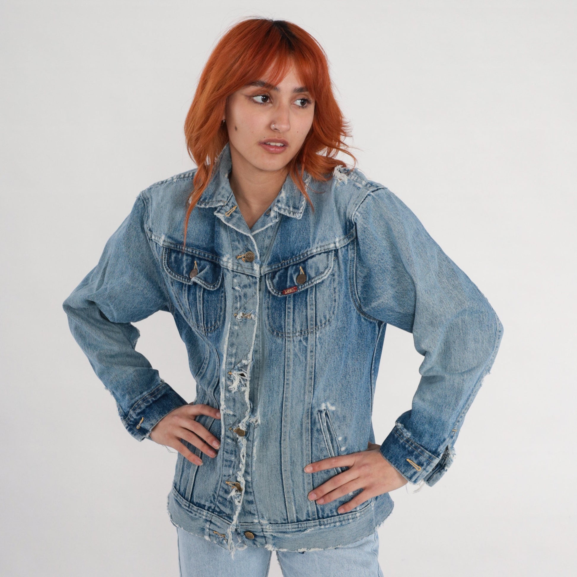 80s Lee Denim Jacket Distressed Ripped Blue Wash Trucker Small S