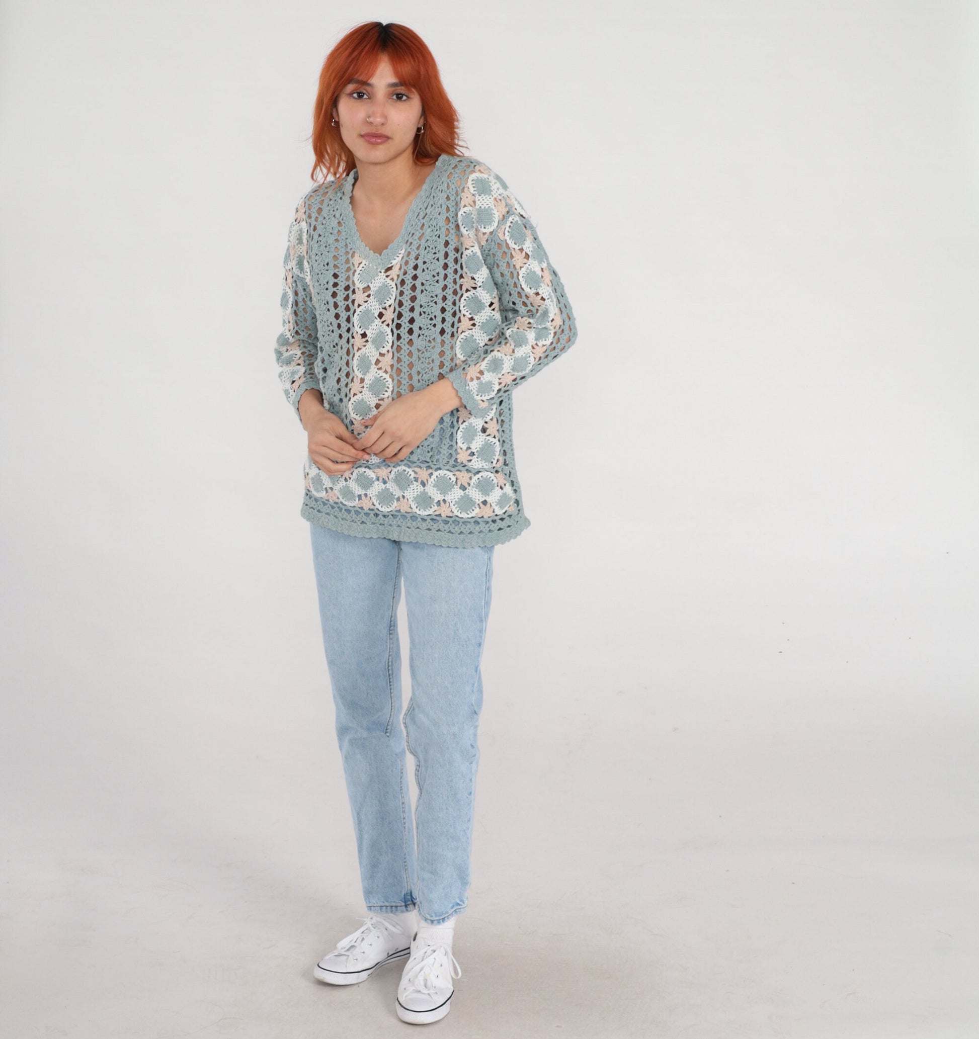 00s Blue Crochet V-Neck Sweater Sheer Cutwork Knit Medium