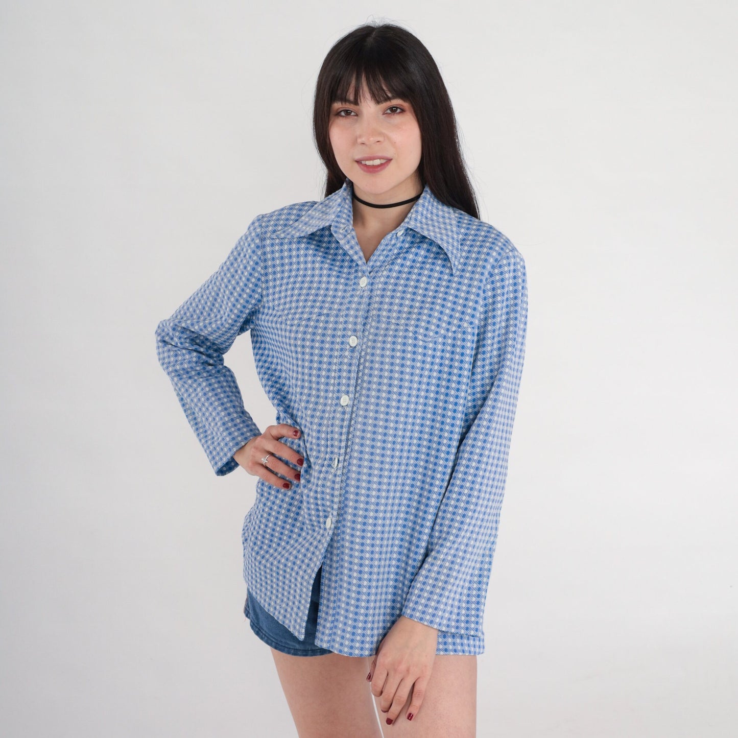 70s Western Shirt Blue Checkered Button-Up Blouse Long Sleeve Medium Large