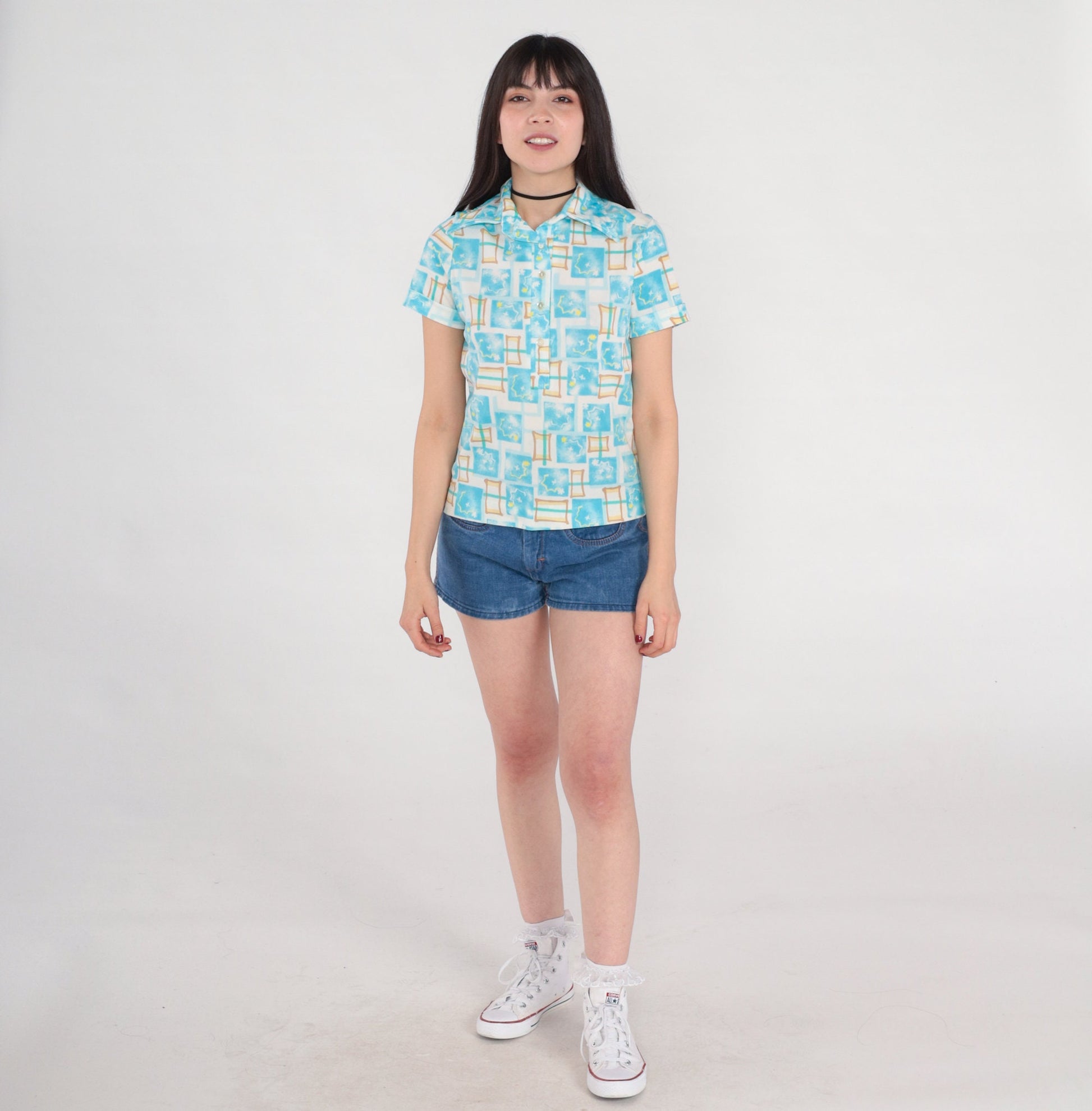 70s Checkered Abstract Print Shirt Pointed Collar White Blue Polo Small