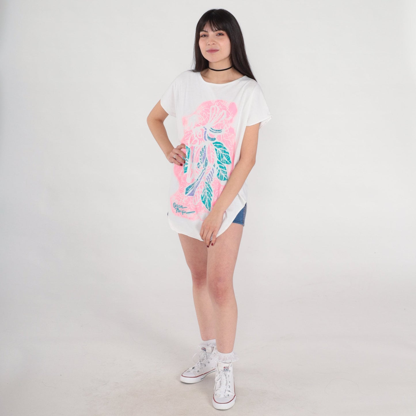 80s Ocean Pacific Tropical Bird T-Shirt Dress White Parrot Graphic Mini Small Medium