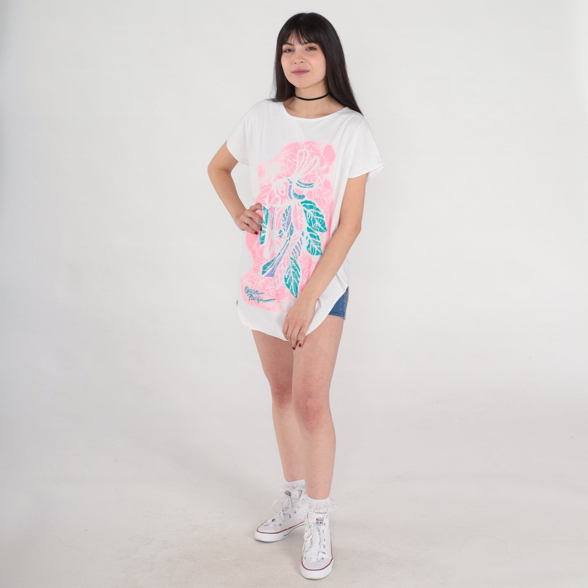 80s Ocean Pacific Tropical Bird T-Shirt Dress White Parrot Graphic Mini Small Medium
