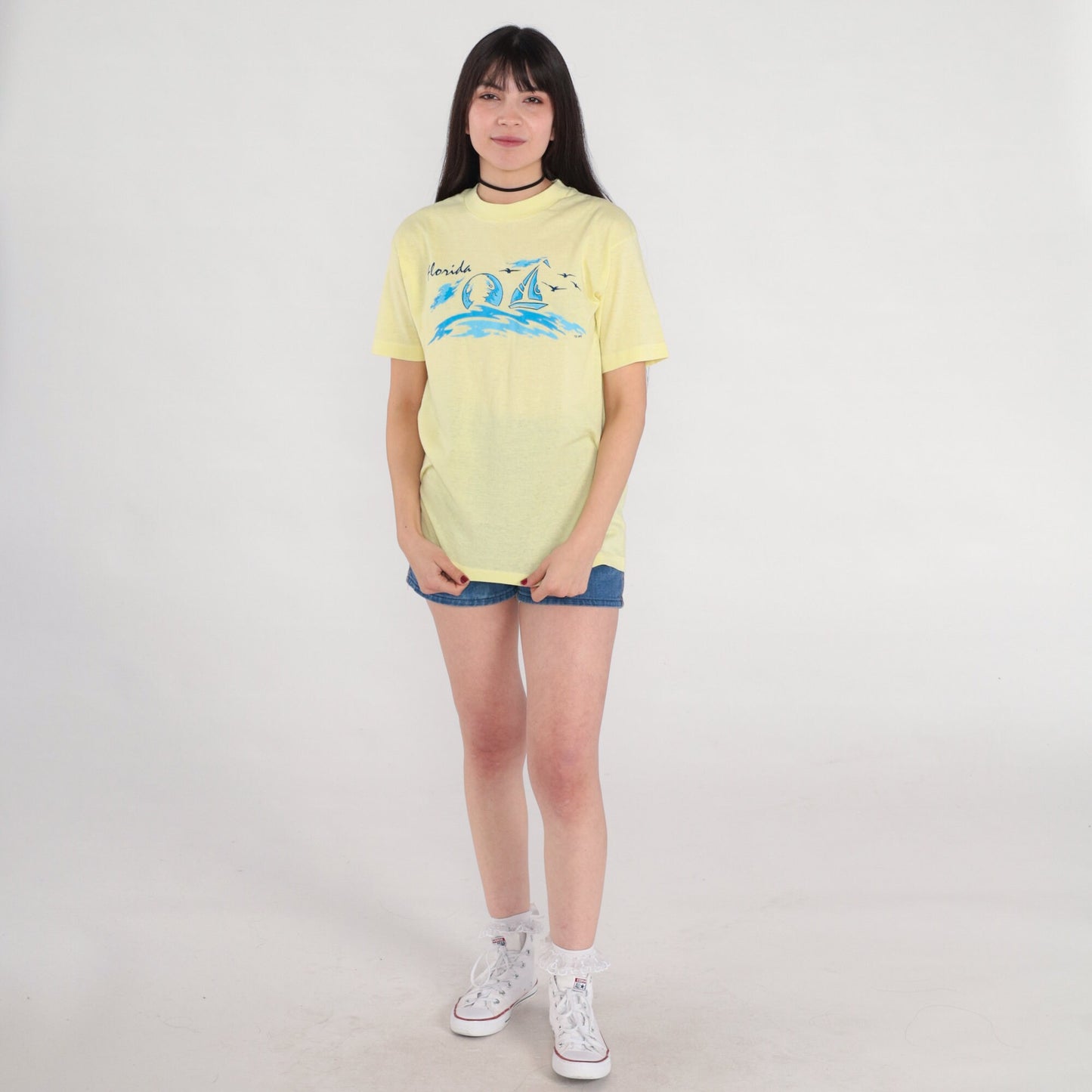 80s Florida Sailboat Graphic T-Shirt Yellow Single Stitch Tee Medium Large