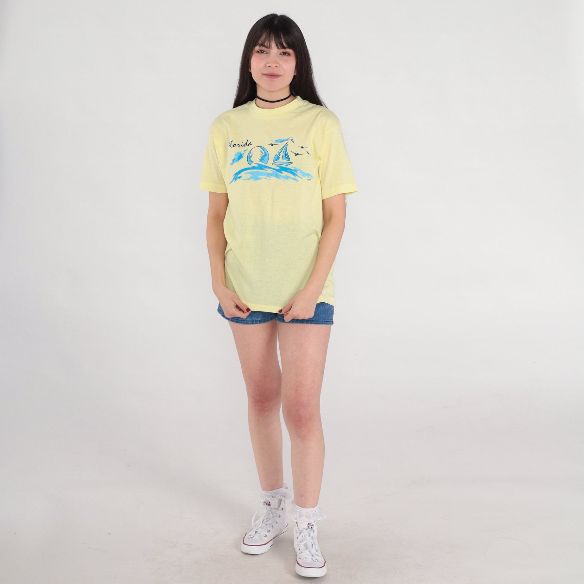 80s Florida Sailboat Graphic T-Shirt Yellow Single Stitch Tee Medium Large