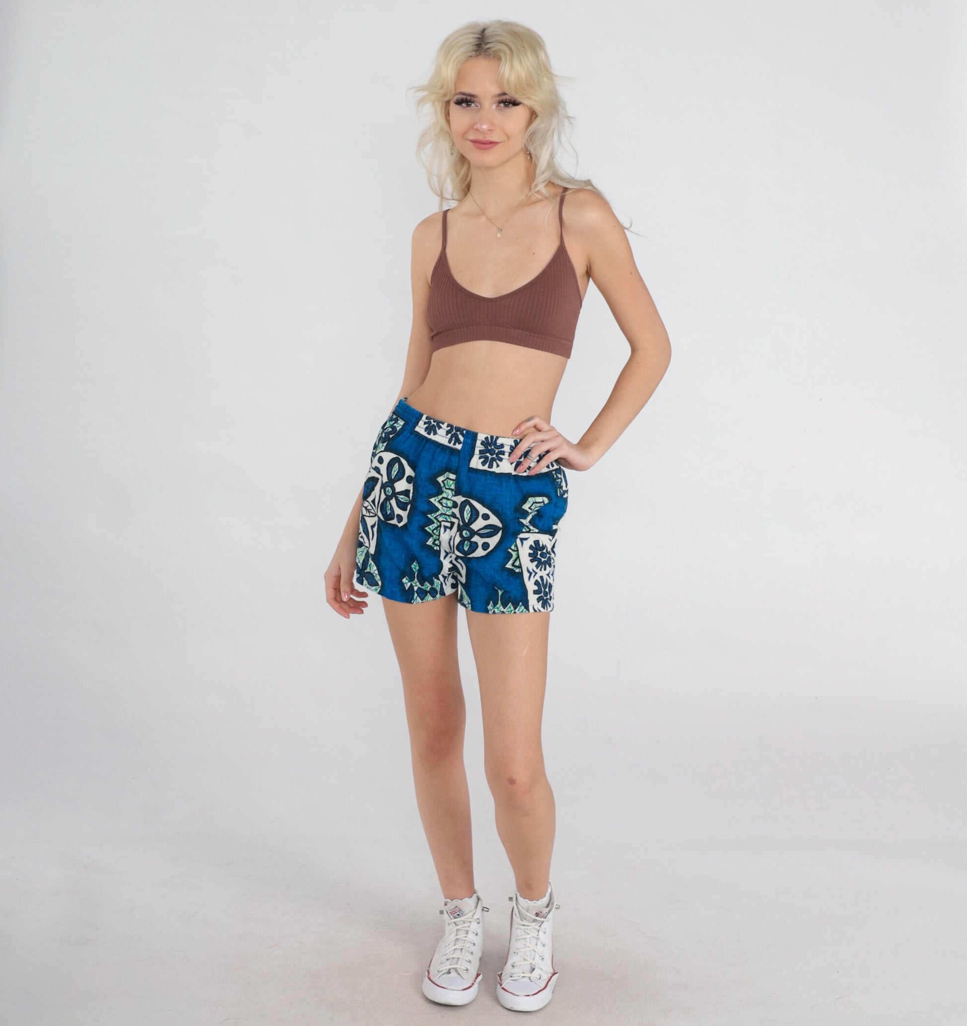 90s Hawaiian Floral Board Shorts Blue Geometric Print Swim Trunks Small