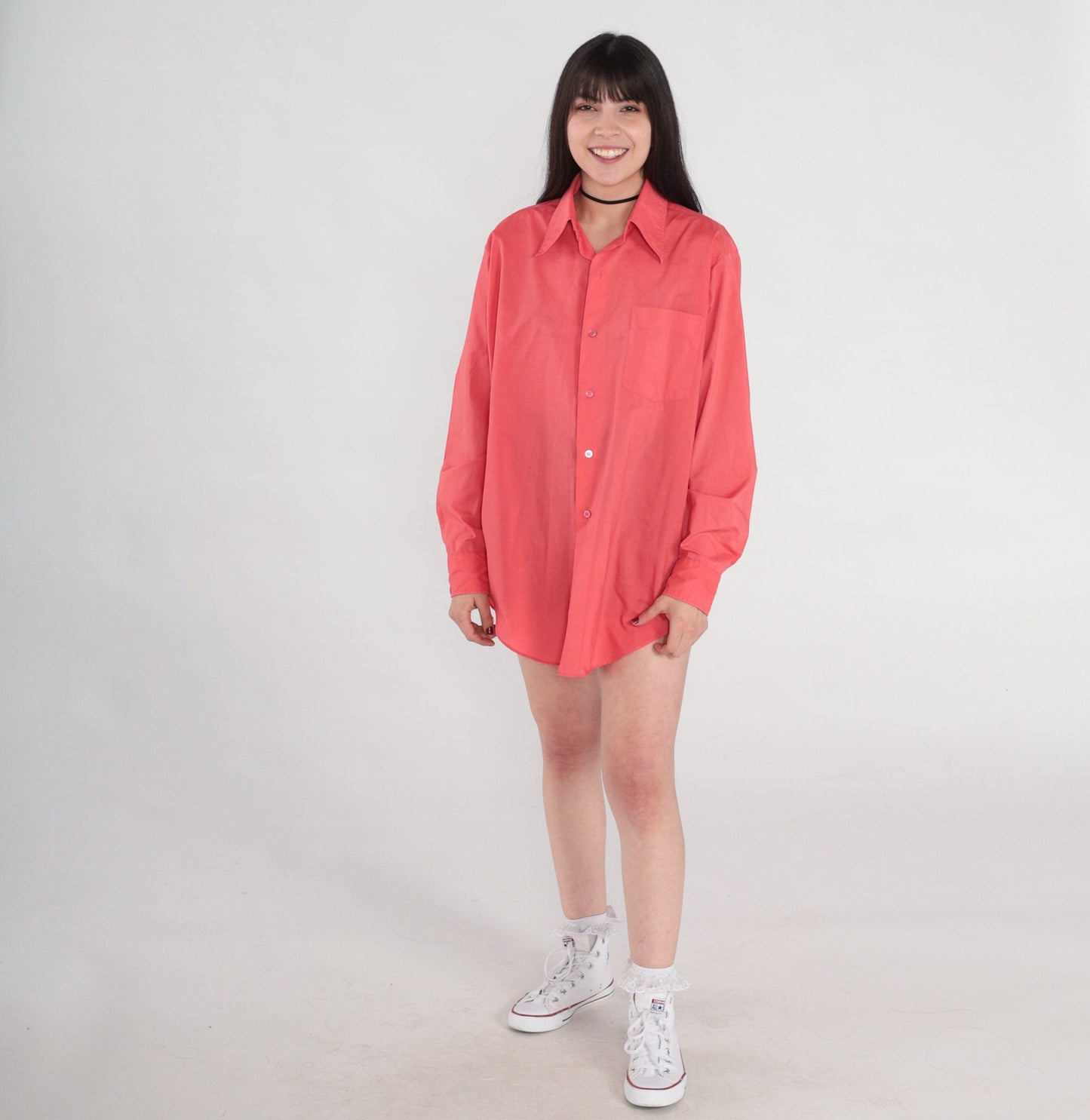 70s Coral Pink Button-Up Shirt Long Sleeve Collared Oxford Large
