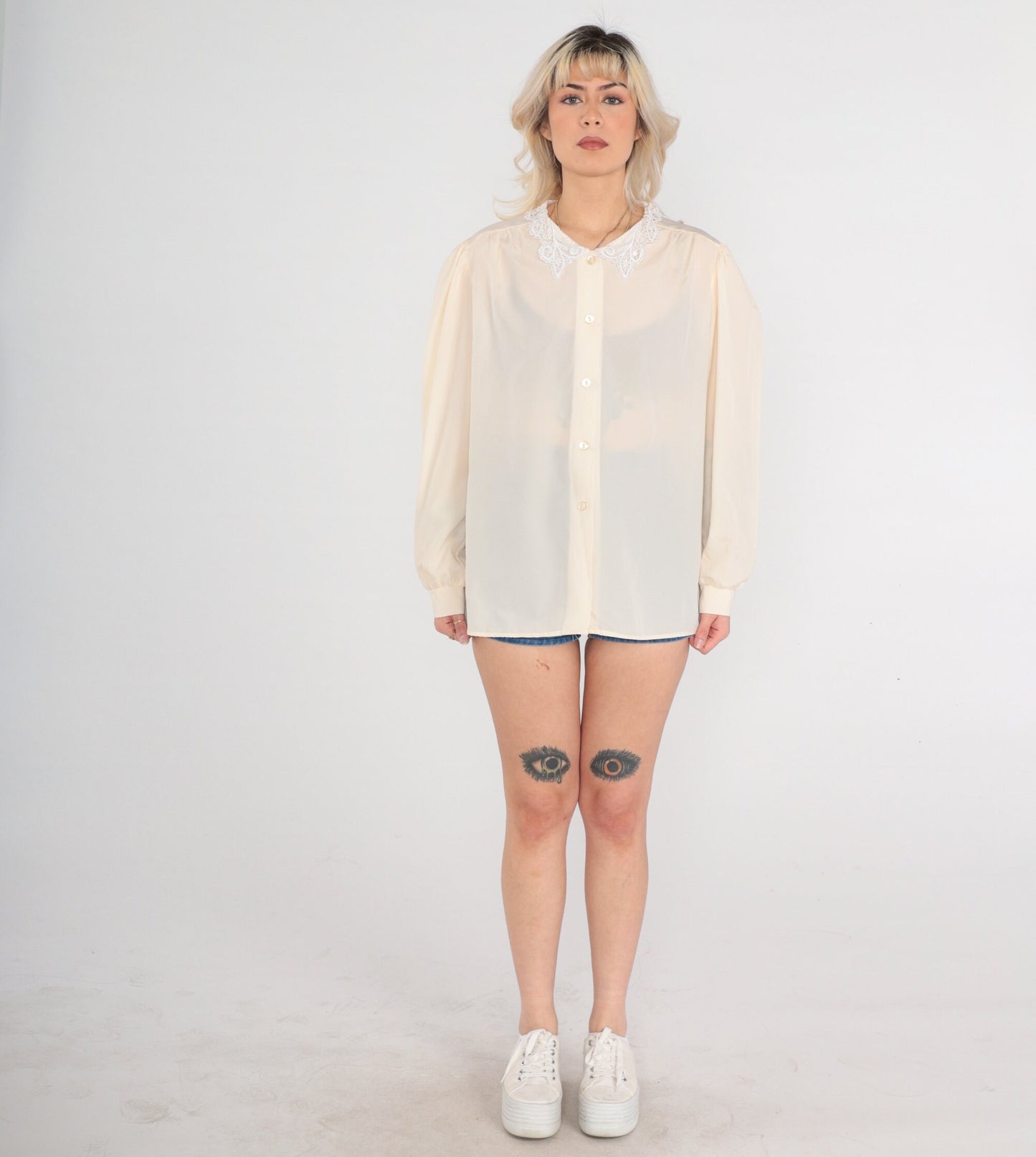 80s Cream Puff Sleeve Button-Up Blouse Lace Collar Long Sleeve Large
