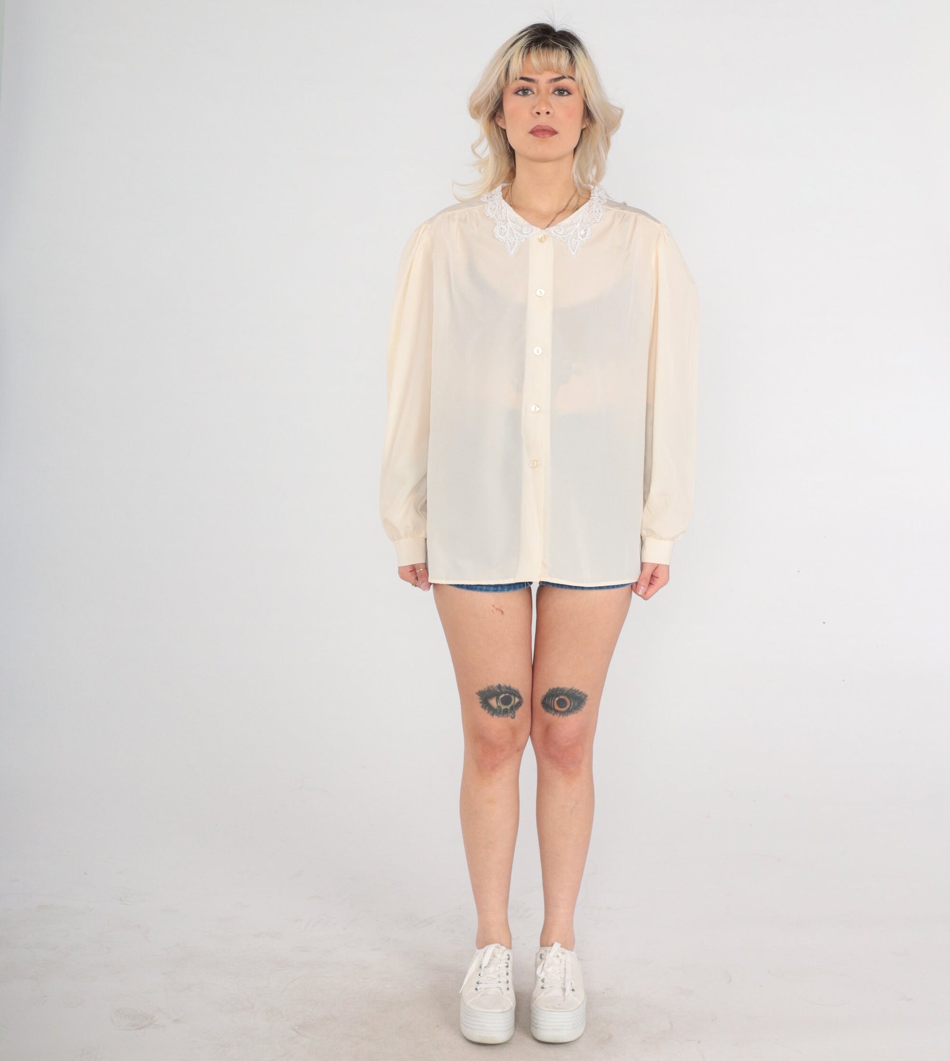 80s Cream Puff Sleeve Button-Up Blouse Lace Collar Long Sleeve Large
