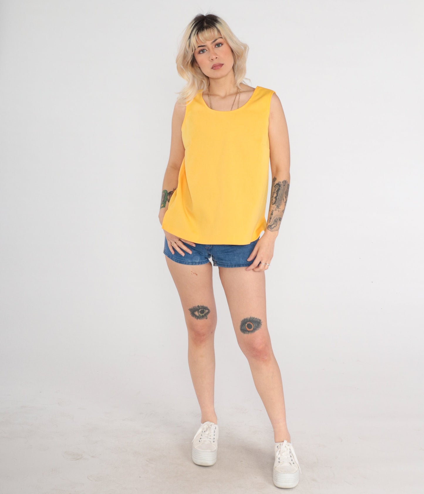 70s Yellow Tank Top Sleeveless Scoop Neck Polyester Medium