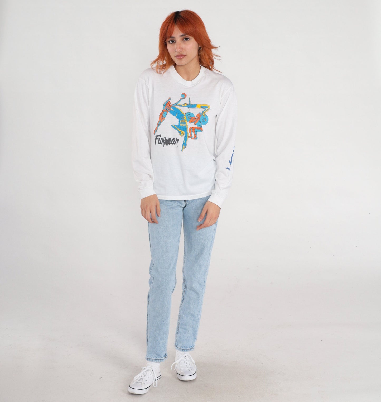 90s Funwear Sports Graphic Long Sleeve T-Shirt White Medium