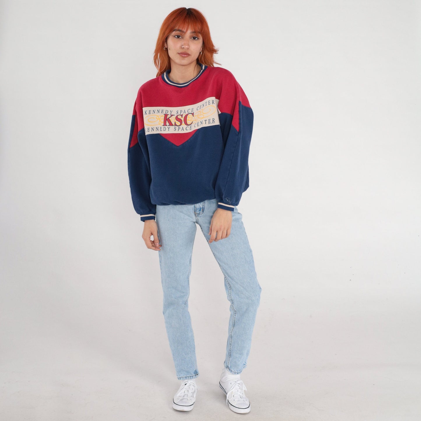 90s Kennedy Space Center Astronaut Graphic Sweatshirt Navy Blue Red Large