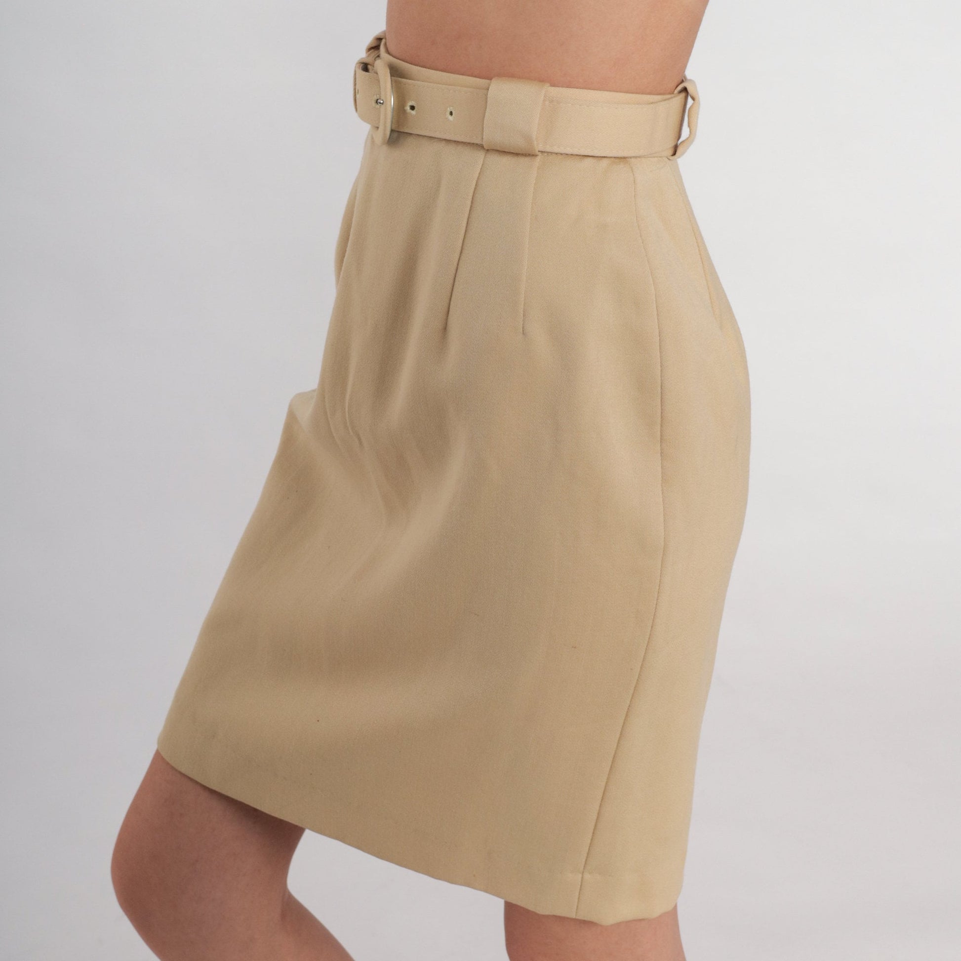 80s Tan Wool Pencil Skirt High Waisted Mini Attached Belt XXS