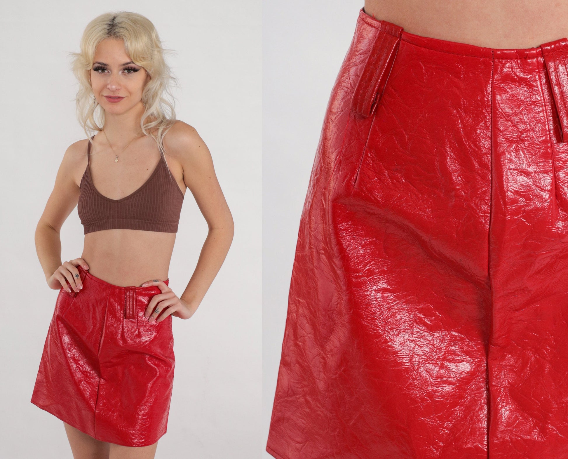 70s Red Vinyl Mini Skirt High Waist Rear Zip Extra Small