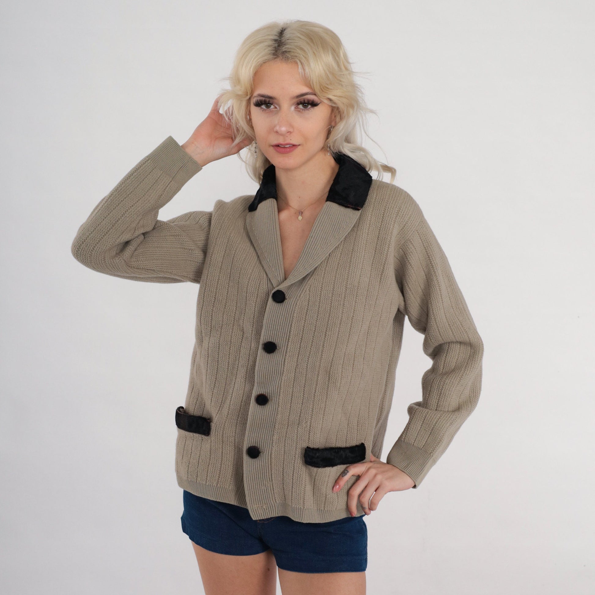 60s Taupe Wool Cardigan Leather Trim Shawl Collar Ribbed Knit Medium