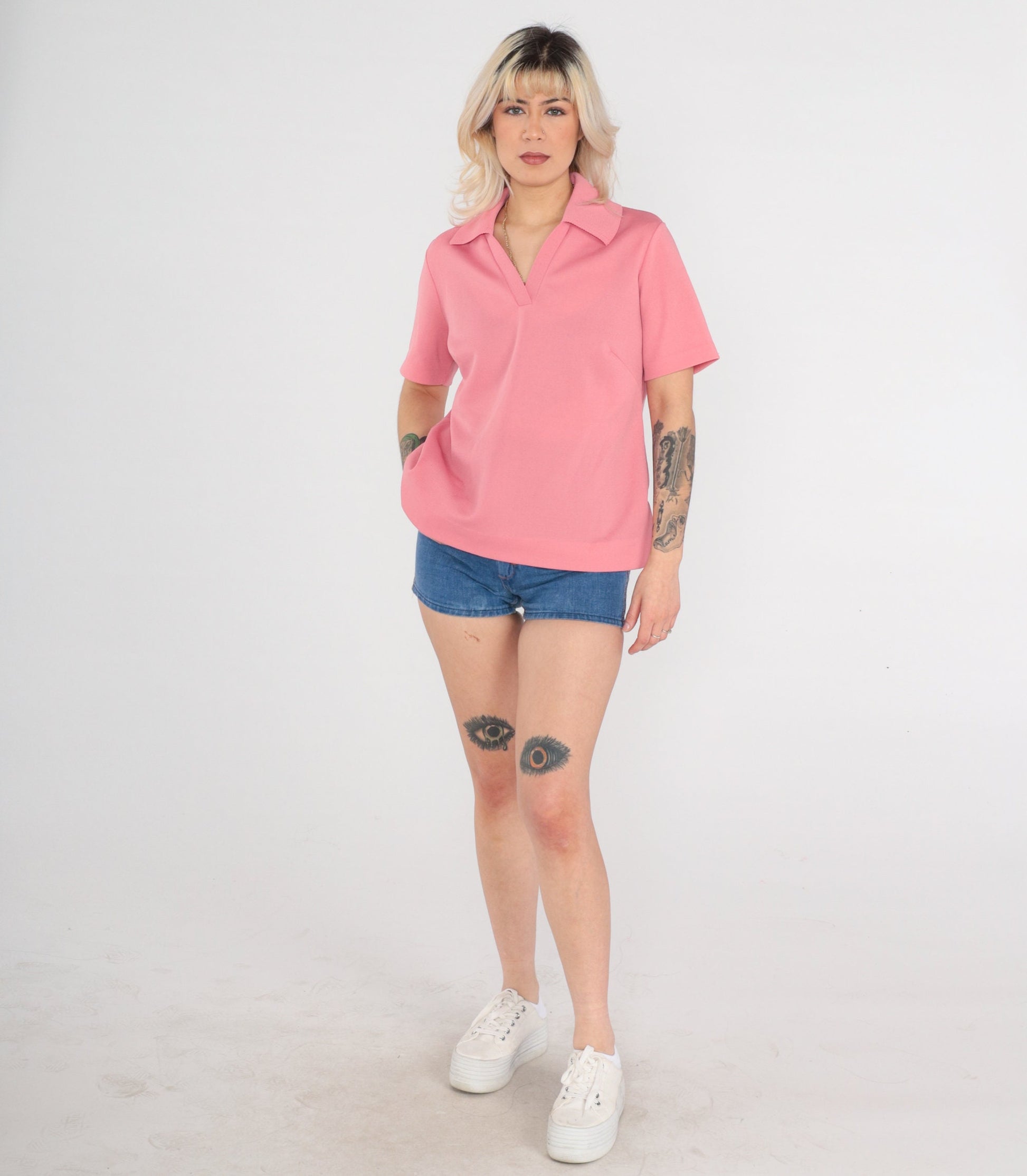 70s Pink Collared V-Neck Polo Shirt Short Sleeve Large L