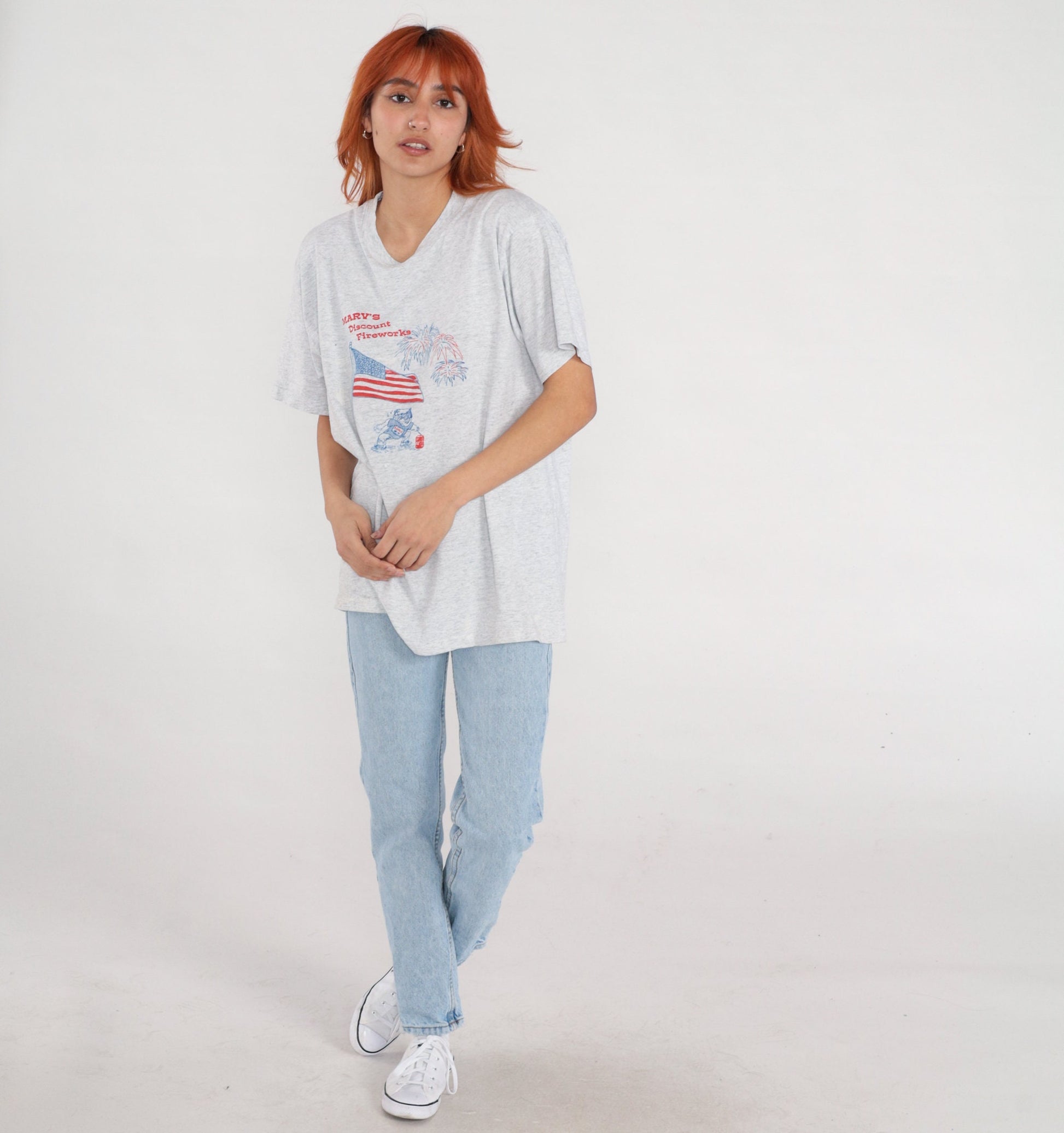 90s Marv's Discount Fireworks American Flag Graphic T-Shirt Grey Large