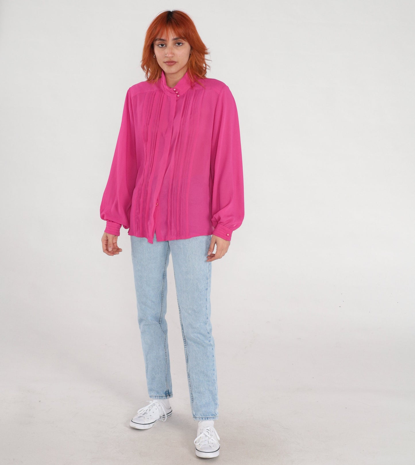 80s Fuchsia Chiffon Blouse Long Sleeve Pleated Button Up Medium Large