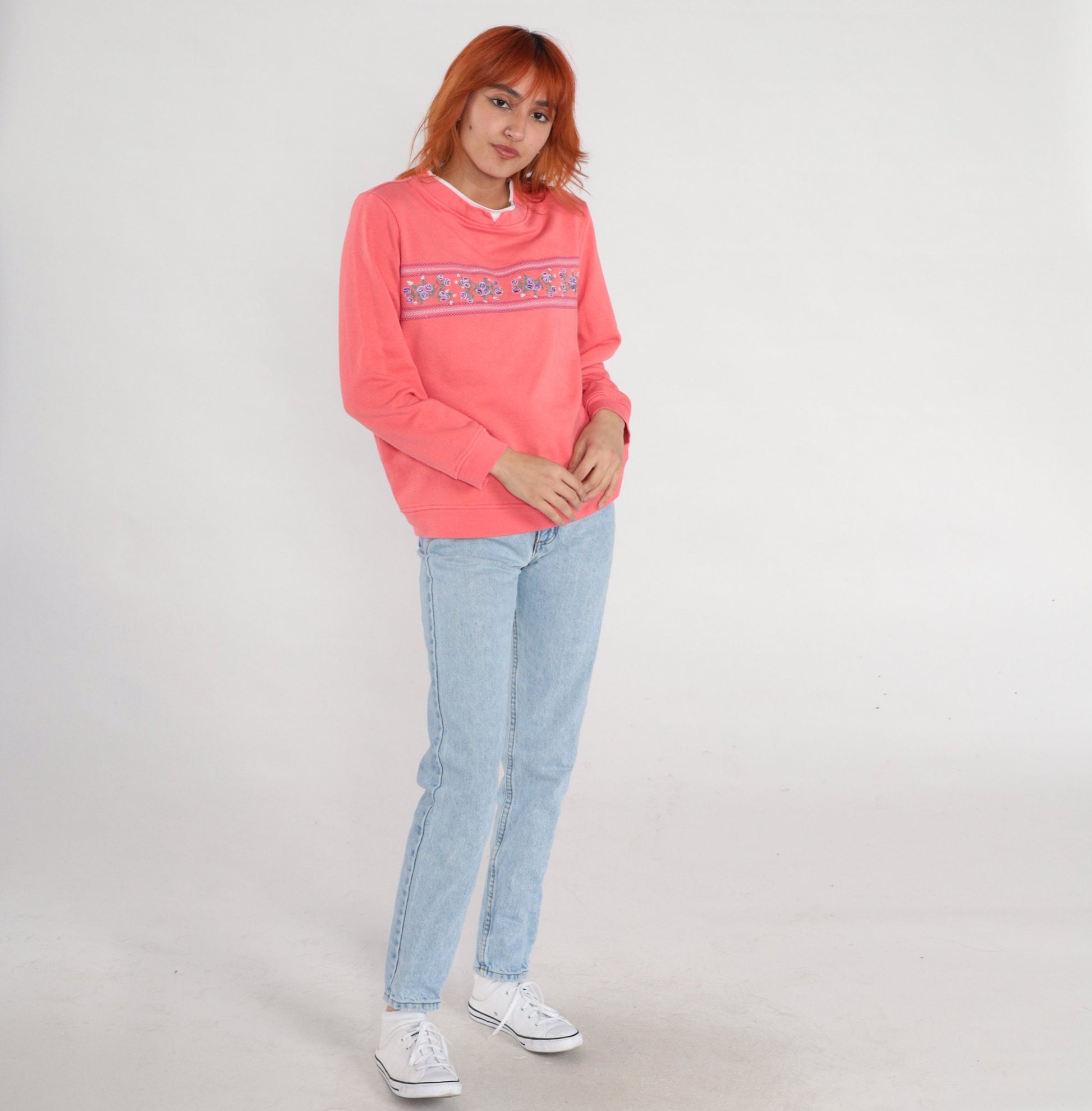90s Salmon Pink Floral Embroidered Sweatshirt Double Collar Medium