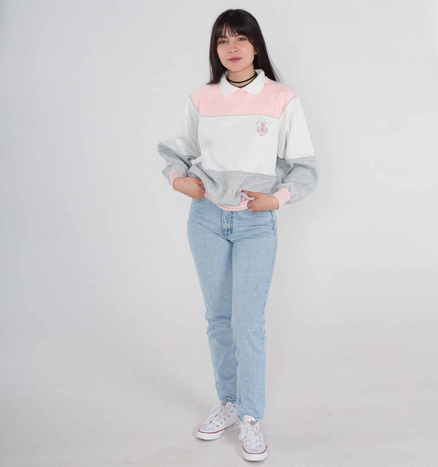 90s Colour Block Sweatshirt Grey Pink White Crest Pullover Medium