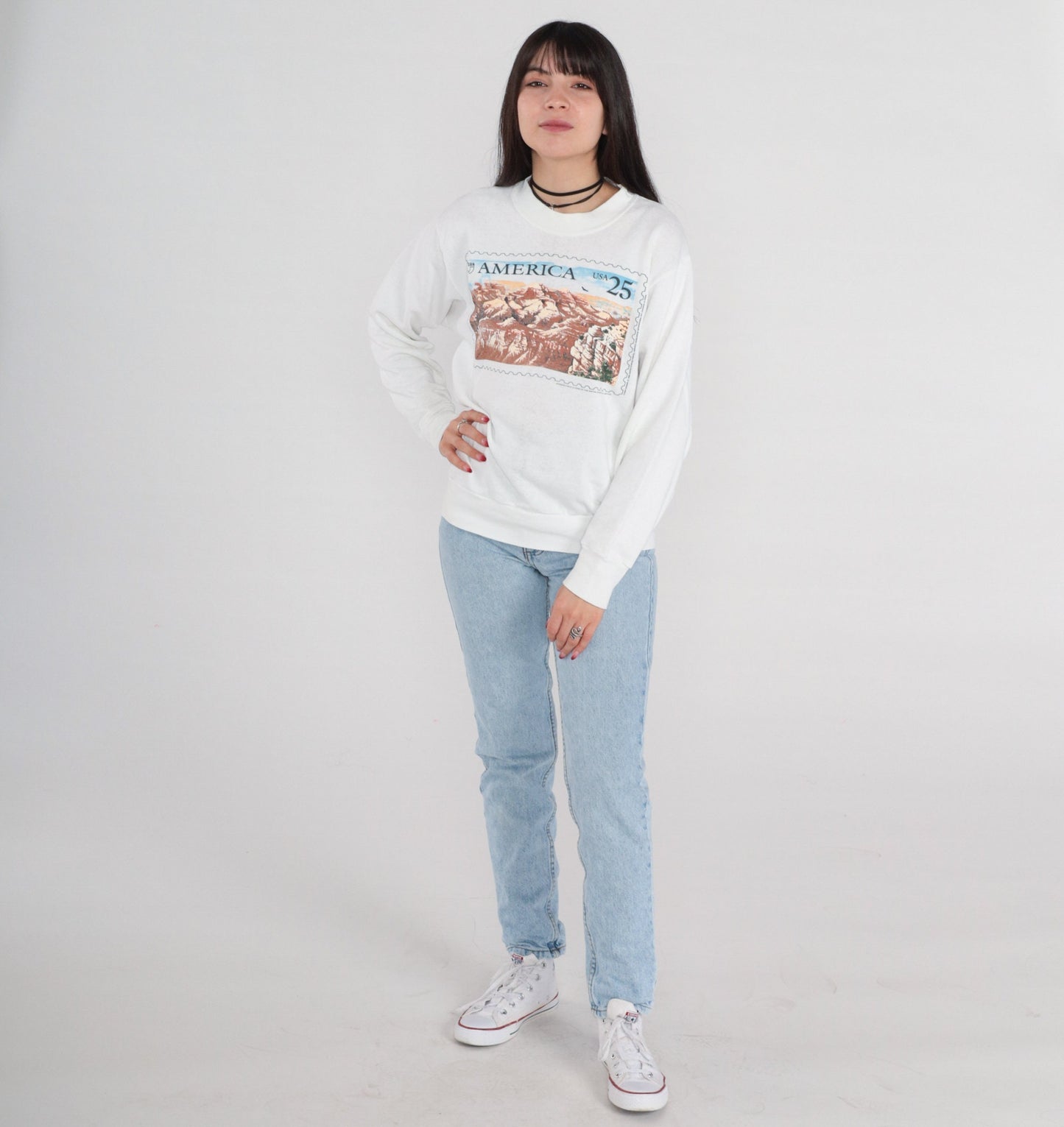 90s Puas America Grand Canyon Stamp Sweatshirt White Distressed Small