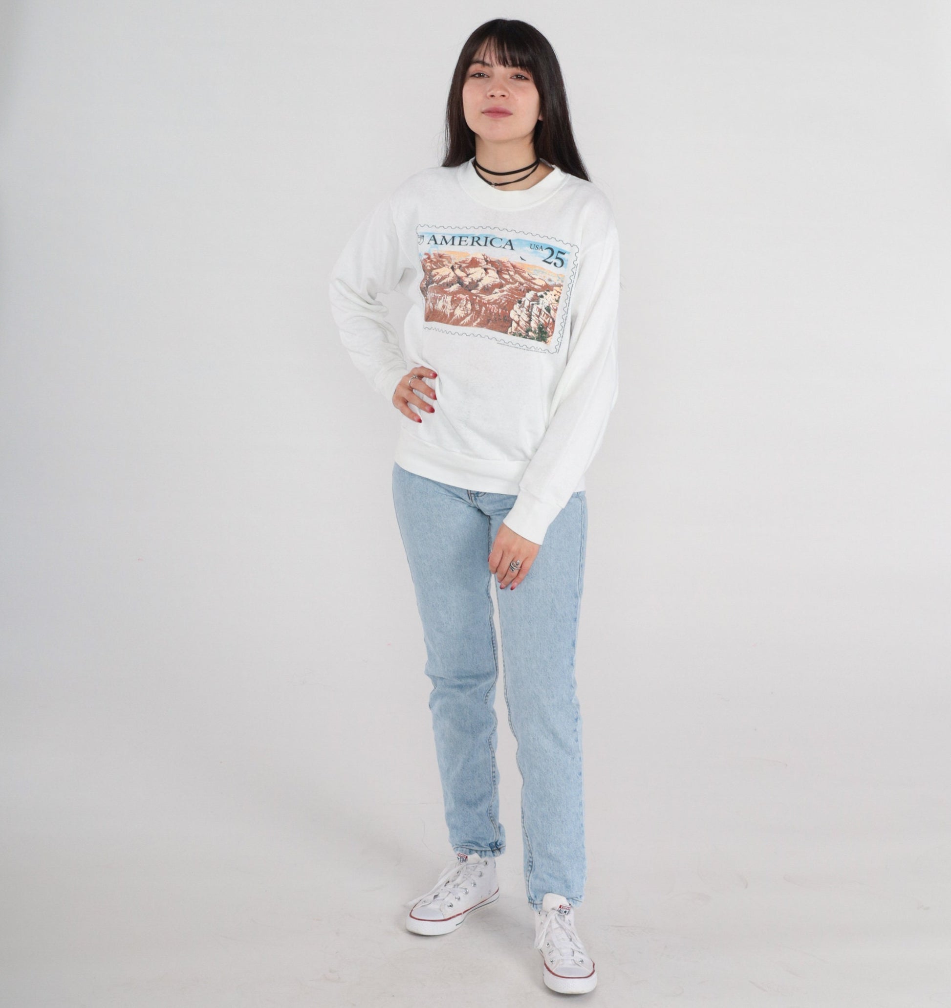 90s Puas America Grand Canyon Stamp Sweatshirt White Distressed Small