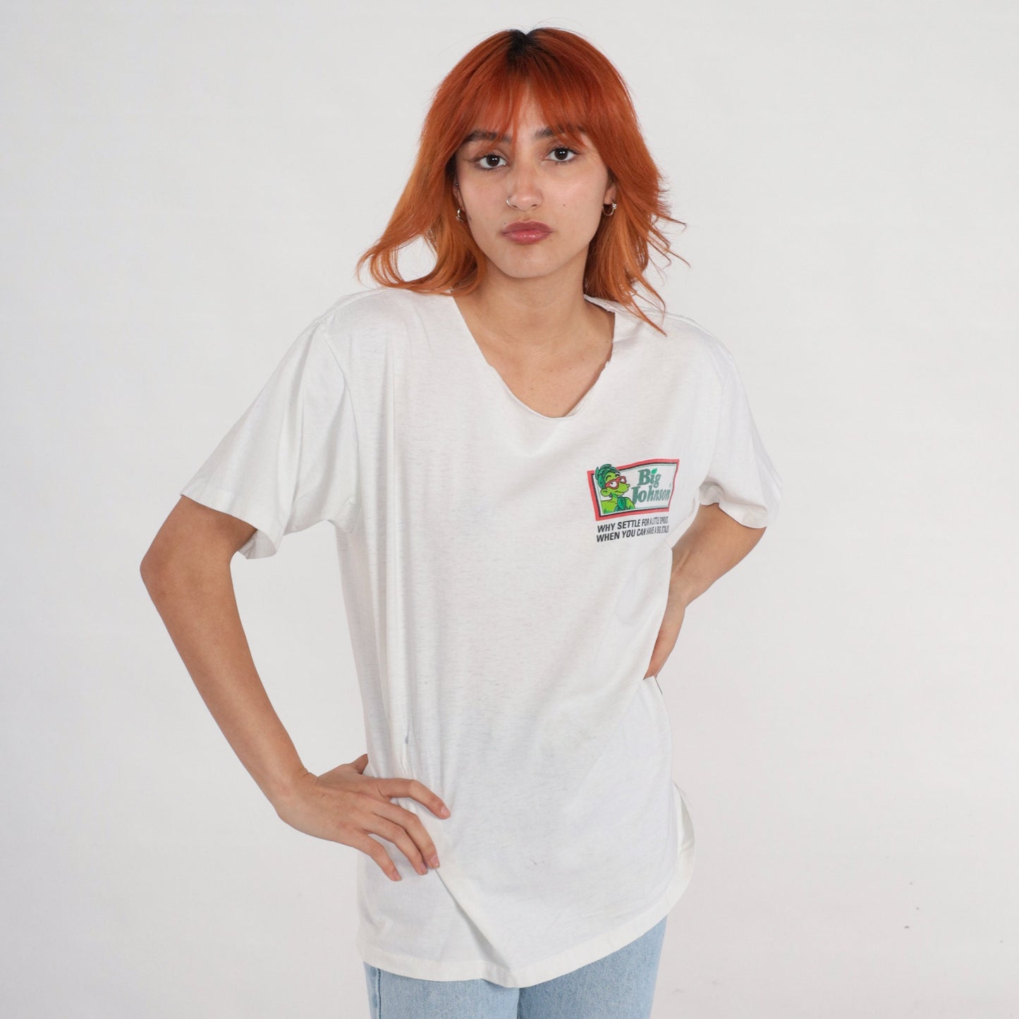 90s Big Johnson Graphic T-Shirt Green Peas Spoof Large L