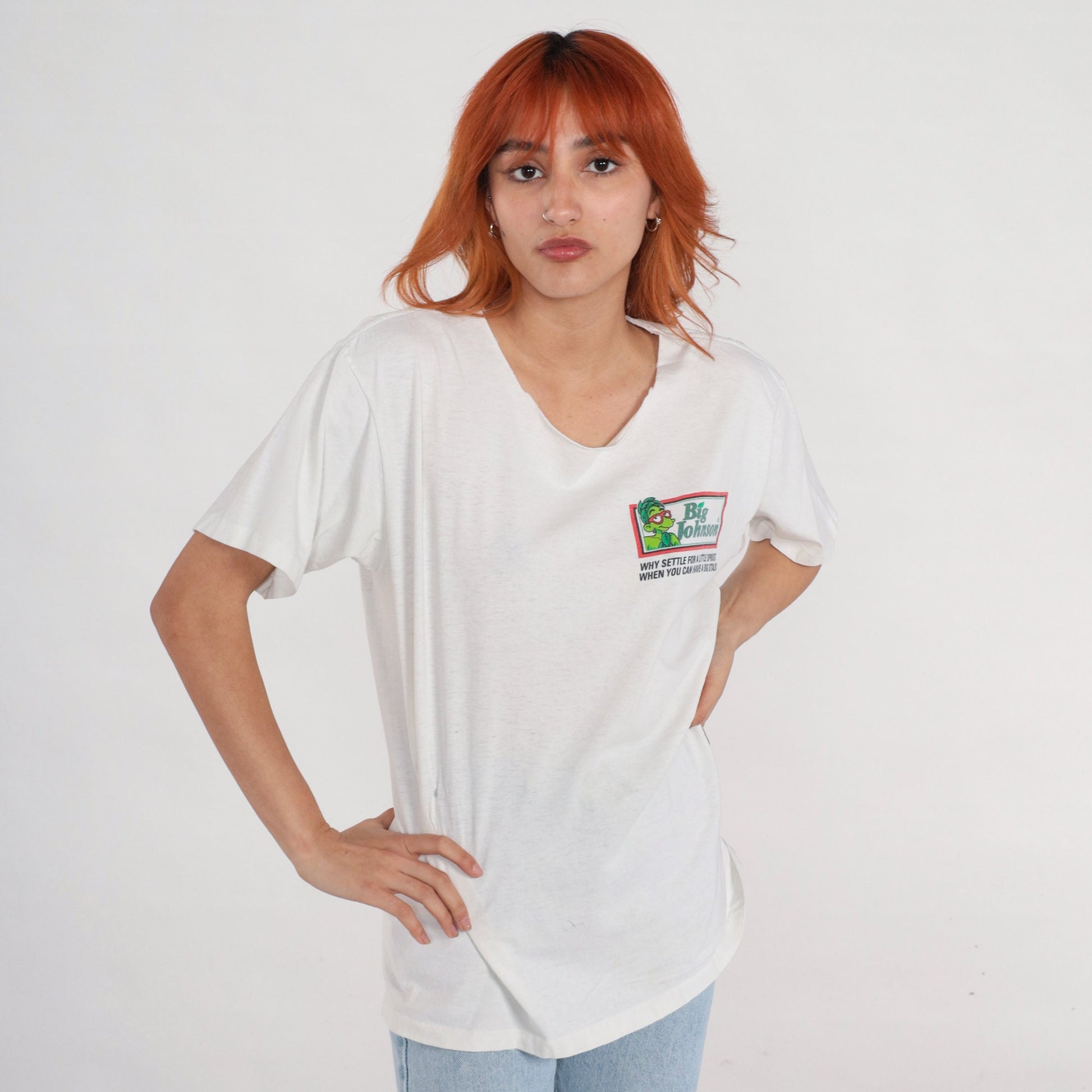 90s Big Johnson Graphic T-Shirt Green Peas Spoof Large L