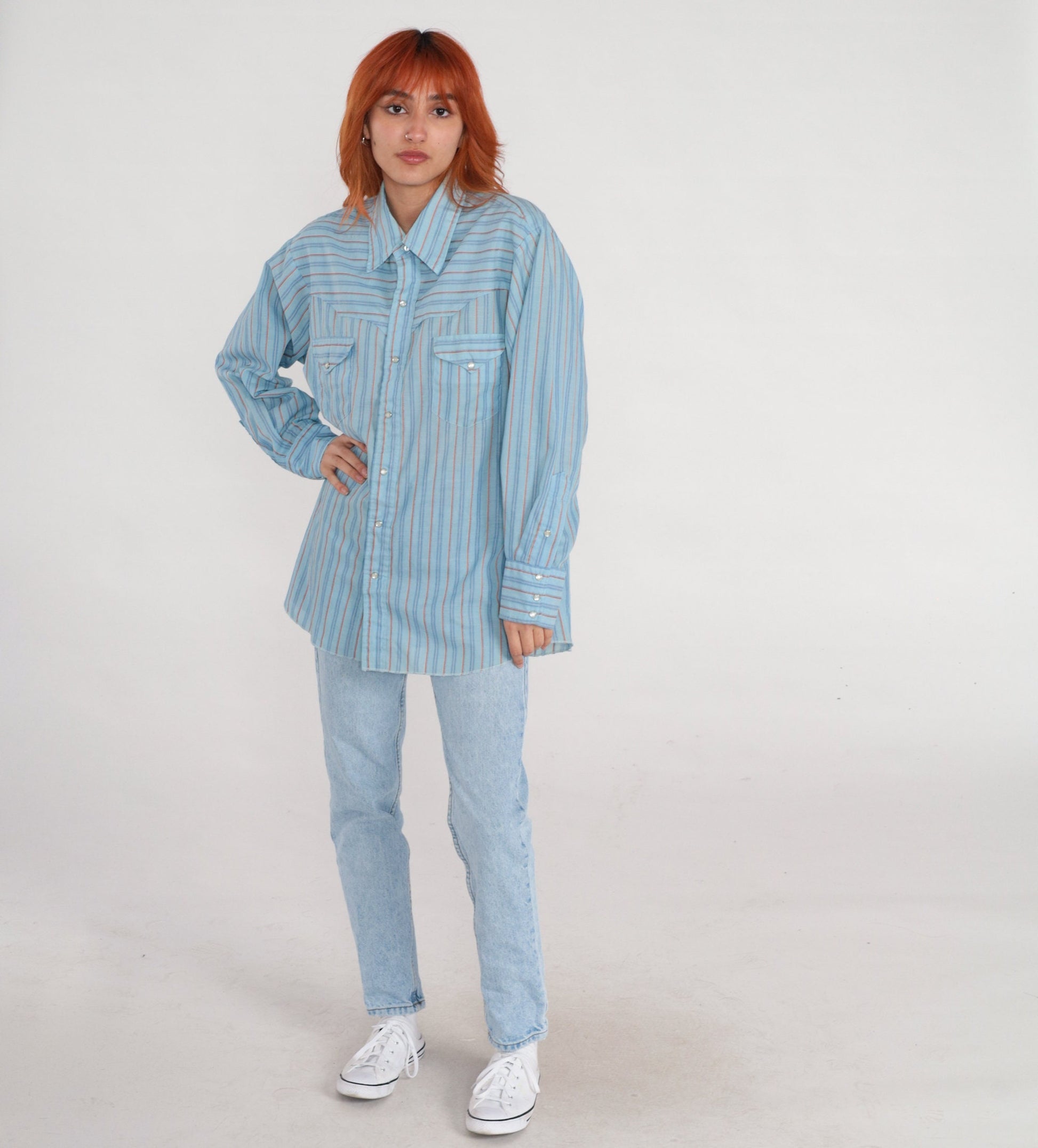 80s Western Pearl Snap Shirt Blue Striped Long Sleeve Men's 17-33