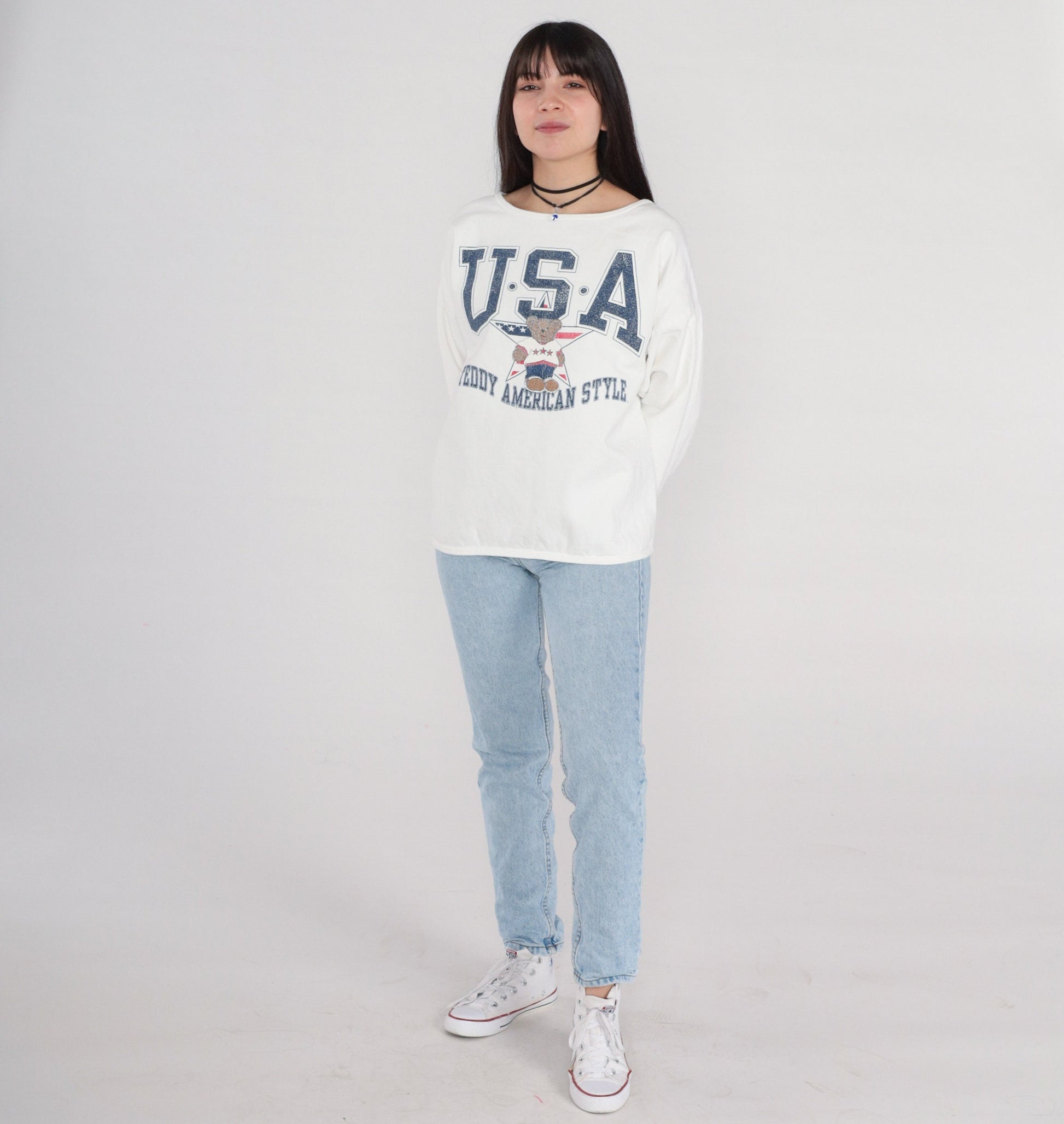 90s Teddy Bear USA Graphic Sweatshirt Cotton Crewneck White Medium Large